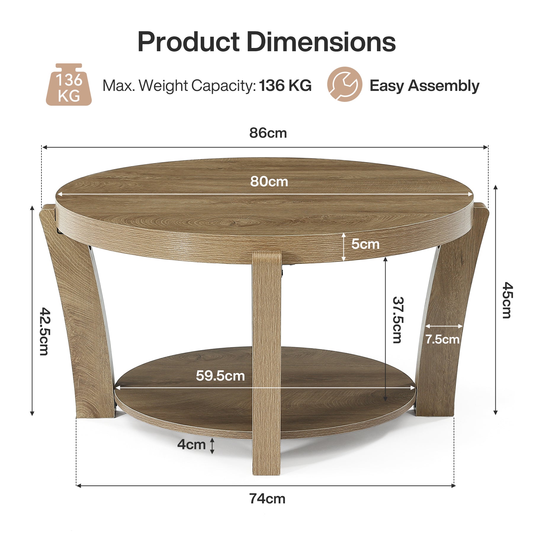 Tribesigns Runder Couchtisch 80 cm, Wohnzimmertisch mit 2 Ebenen & Offener Ablage