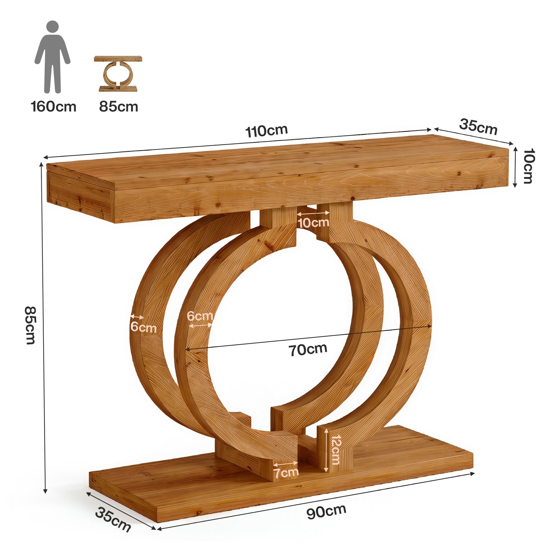 Tribesigns Massivholz Konsolentisch 110 cm, Schmaler Flurtisch mit dekorativem Doppelkreis-Gestell