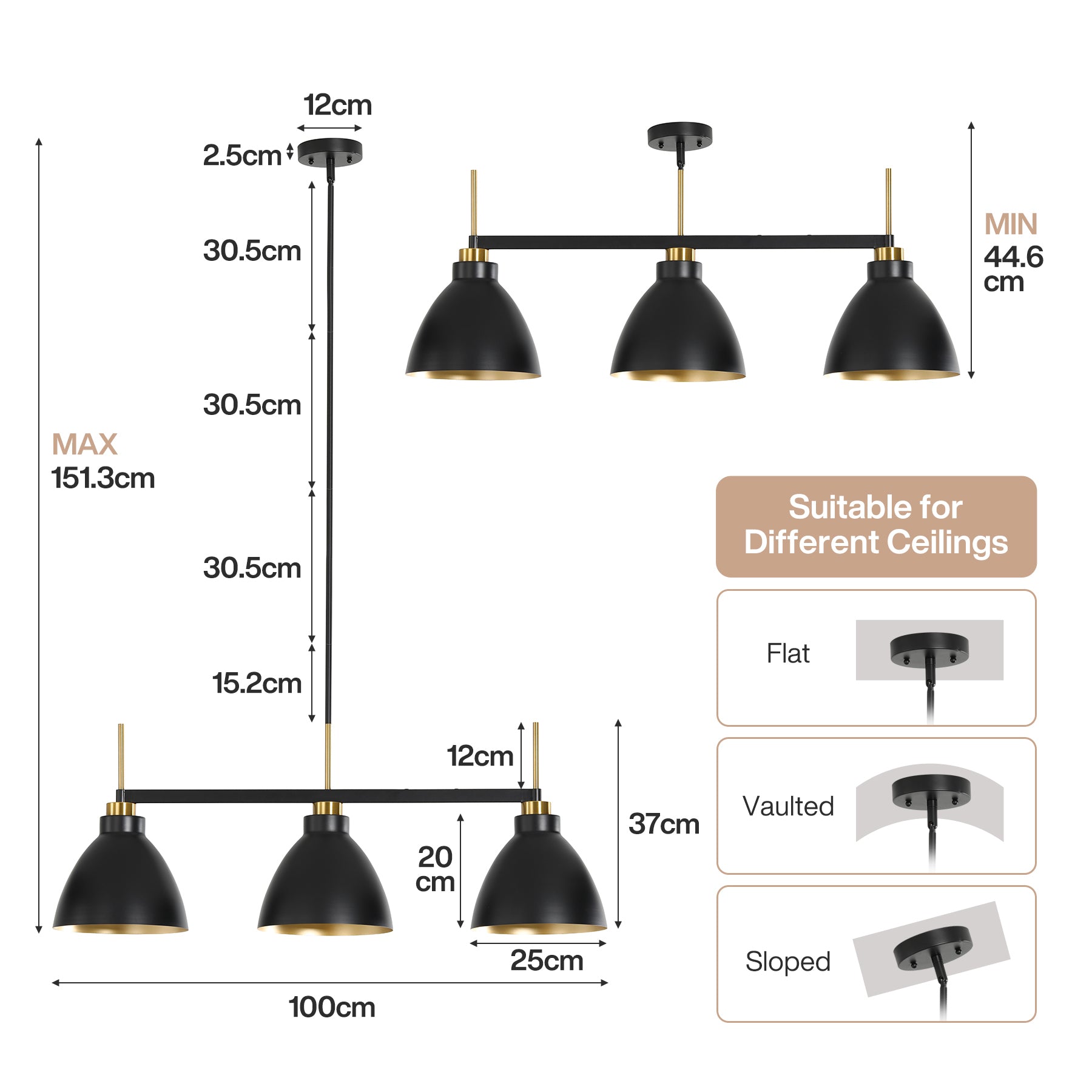 Tribesigns 3-flammige Pendelleuchte Schwarz-Gold, Höhenverstellbare Industrie-Hängeleuchte, E27 Metalllampe