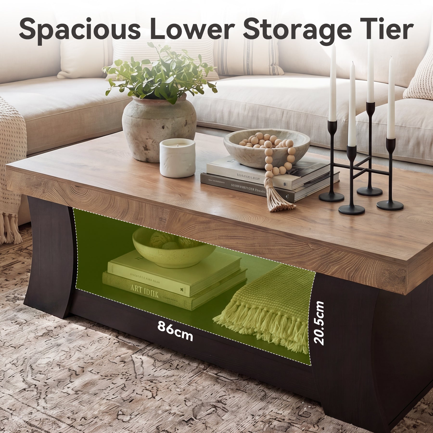 Tribesigns Couchtisch 140 cm mit Ablage, rechteckiger Wohnzimmertisch mit schwarzen Bogenbeinen