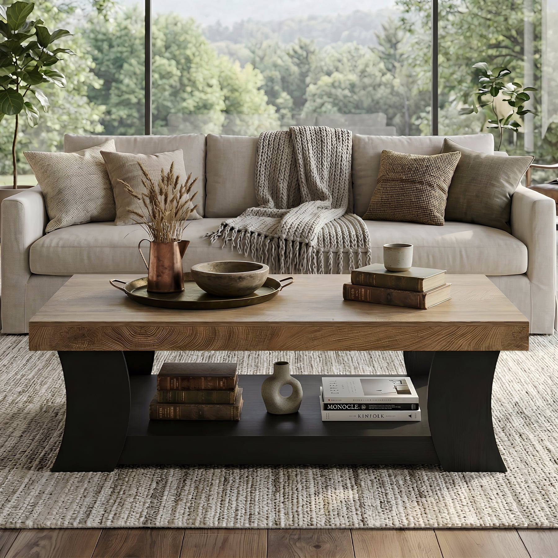 Tribesigns Couchtisch 140 cm mit Ablage, rechteckiger Wohnzimmertisch mit schwarzen Bogenbeinen