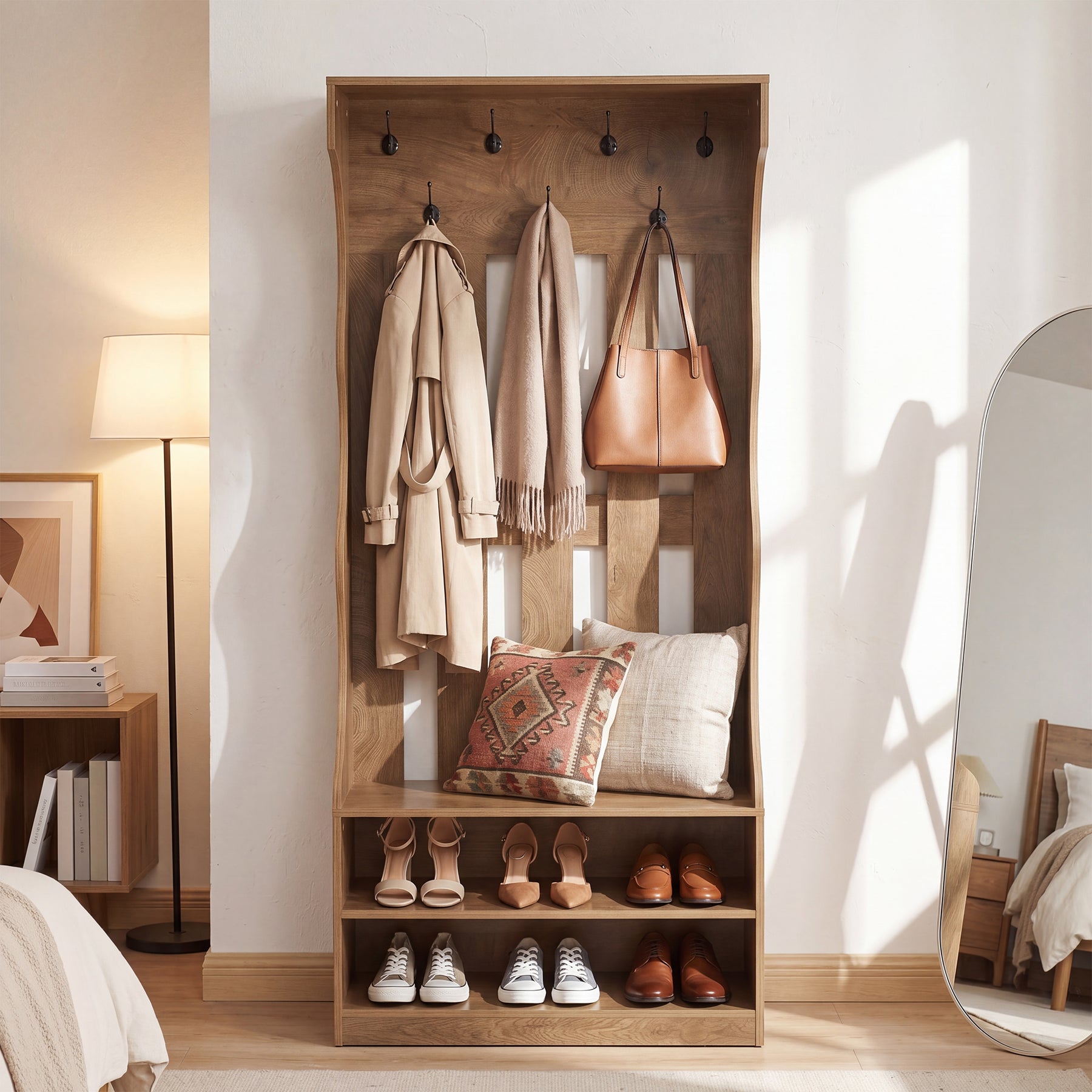 Tribesigns Garderobe mit Schuhbank 180 cm, Flurgarderobe mit 7 Haken & 2 Schuhablagen für Eingangsbereich