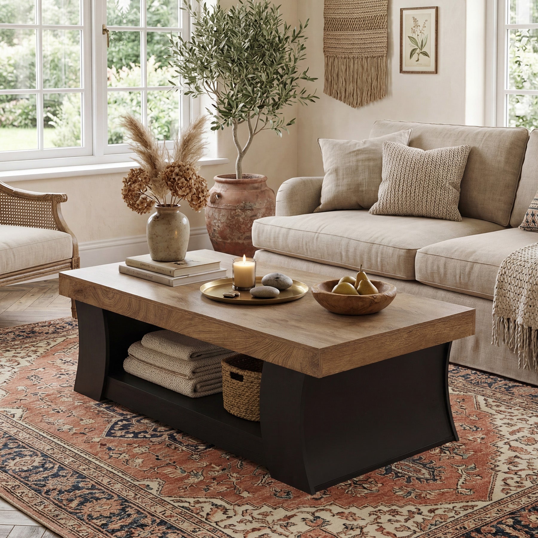 Tribesigns Couchtisch 140 cm mit Ablage, rechteckiger Wohnzimmertisch mit schwarzen Bogenbeinen