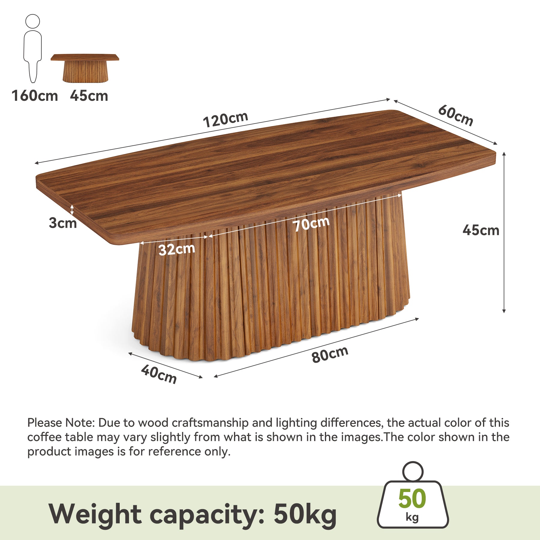 Rechteckiger Couchtisch 120 cm mit abgerundeten Kanten, Wohnzimmertisch im Landhausstil mit plissiertem Sockel