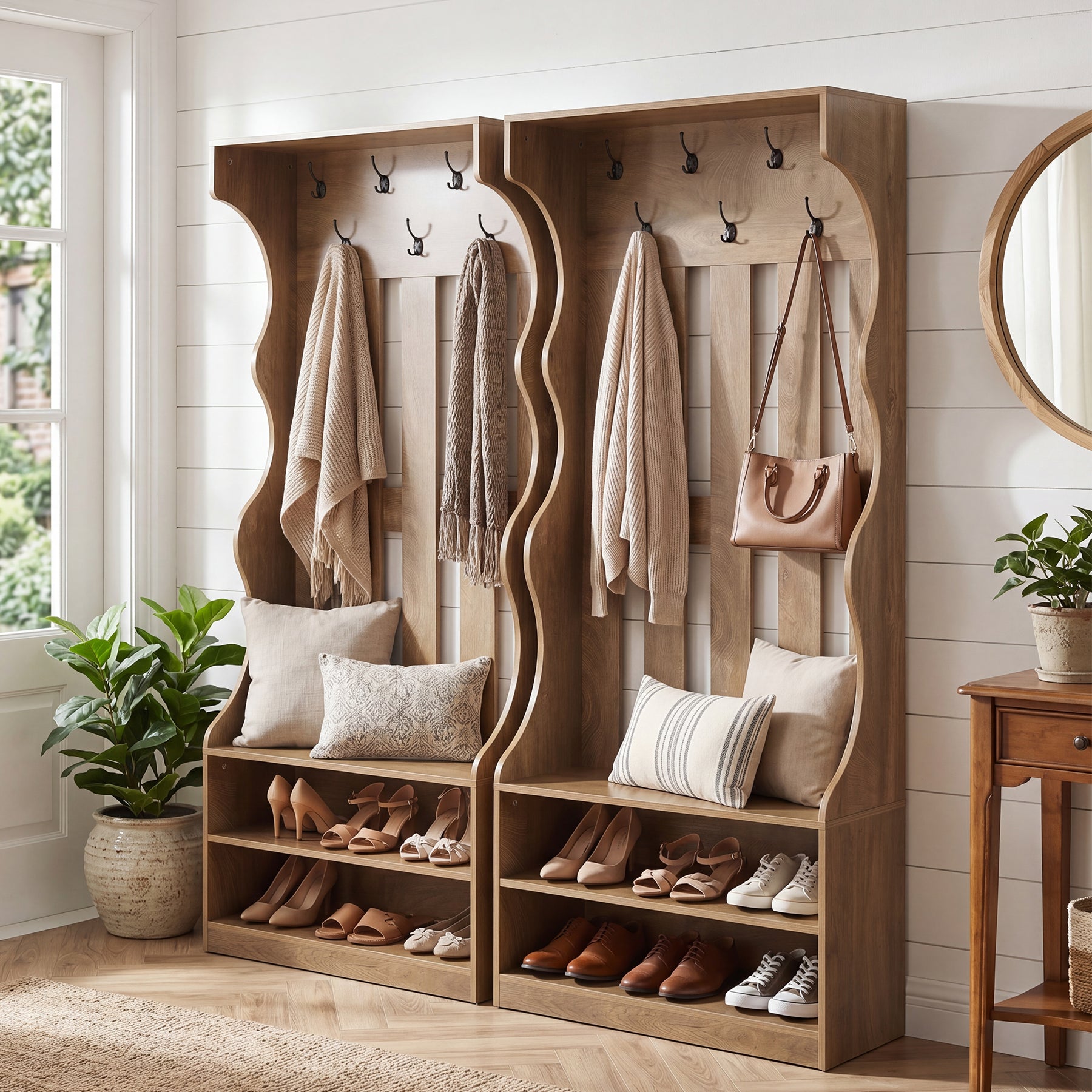 Tribesigns Garderobe mit Schuhbank 180 cm, Flurgarderobe mit 7 Haken & 2 Schuhablagen für Eingangsbereich