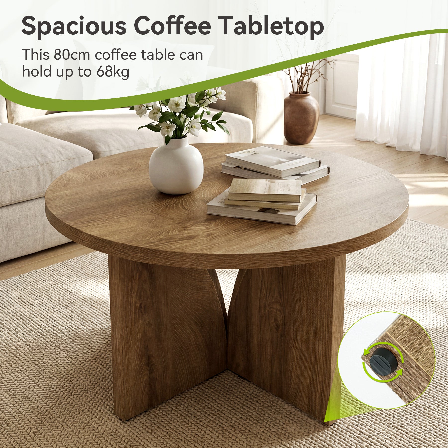 Tribesigns Runder Couchtisch 80 cm, Moderner Wohnzimmertisch in Braun für kleine Räume