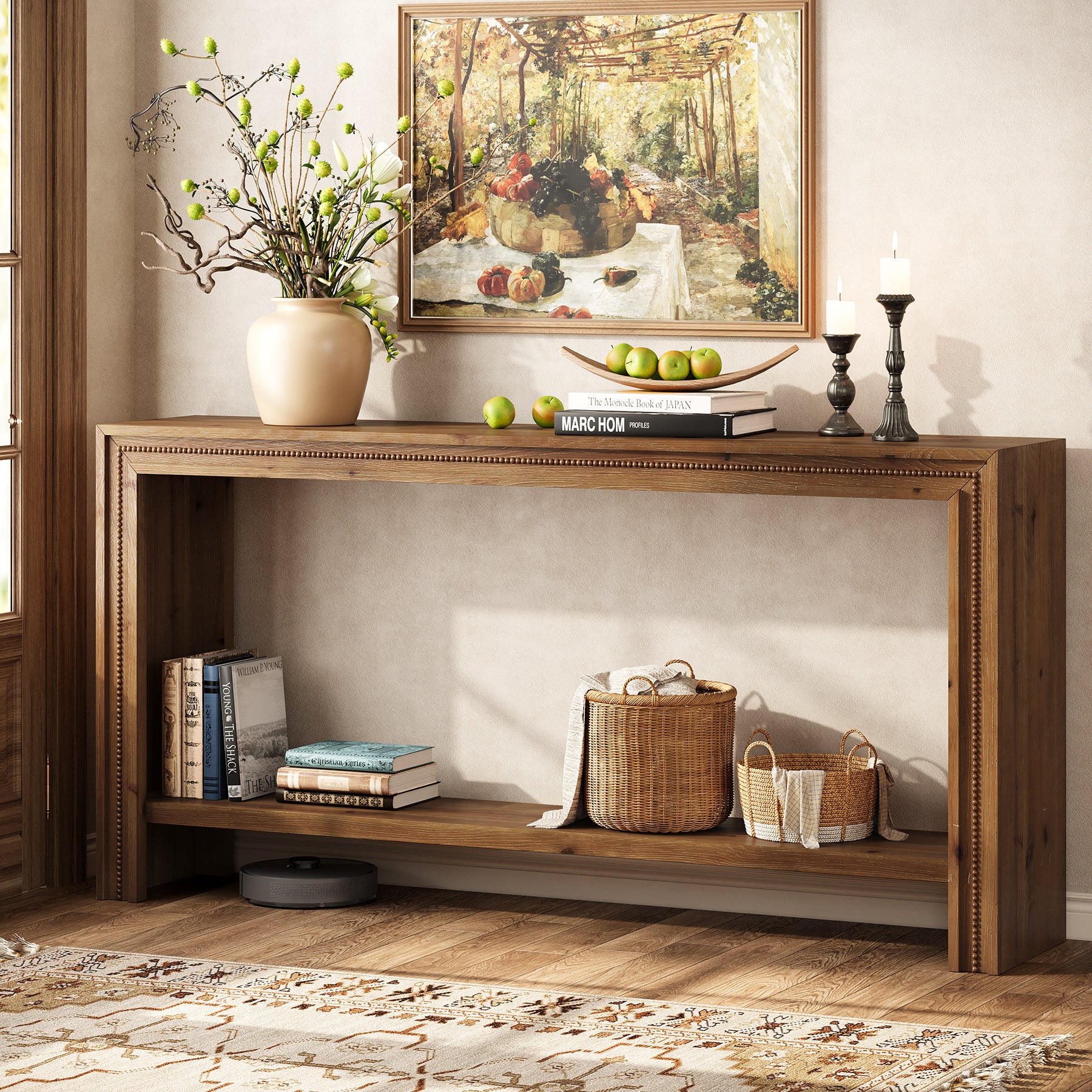 Tribesigns Massiver Holz Konsolentisch 160 cm im Landhausstil, schmaler Flurtisch mit 2 Ebenen