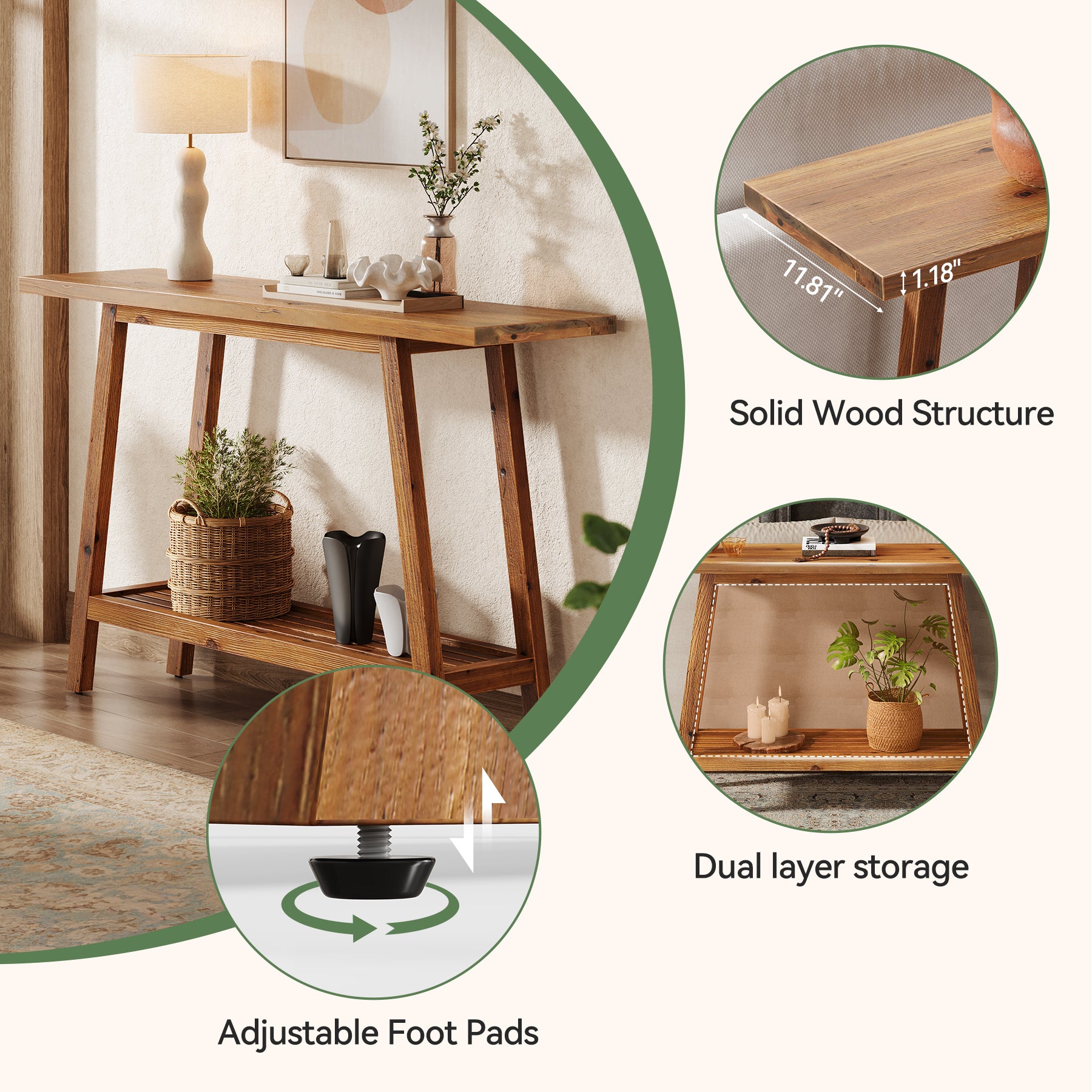 Tribesigns Massivholz Konsolentisch 105 cm schmal mit Ablage, Sofatisch mit Stauraum im Landhausstil