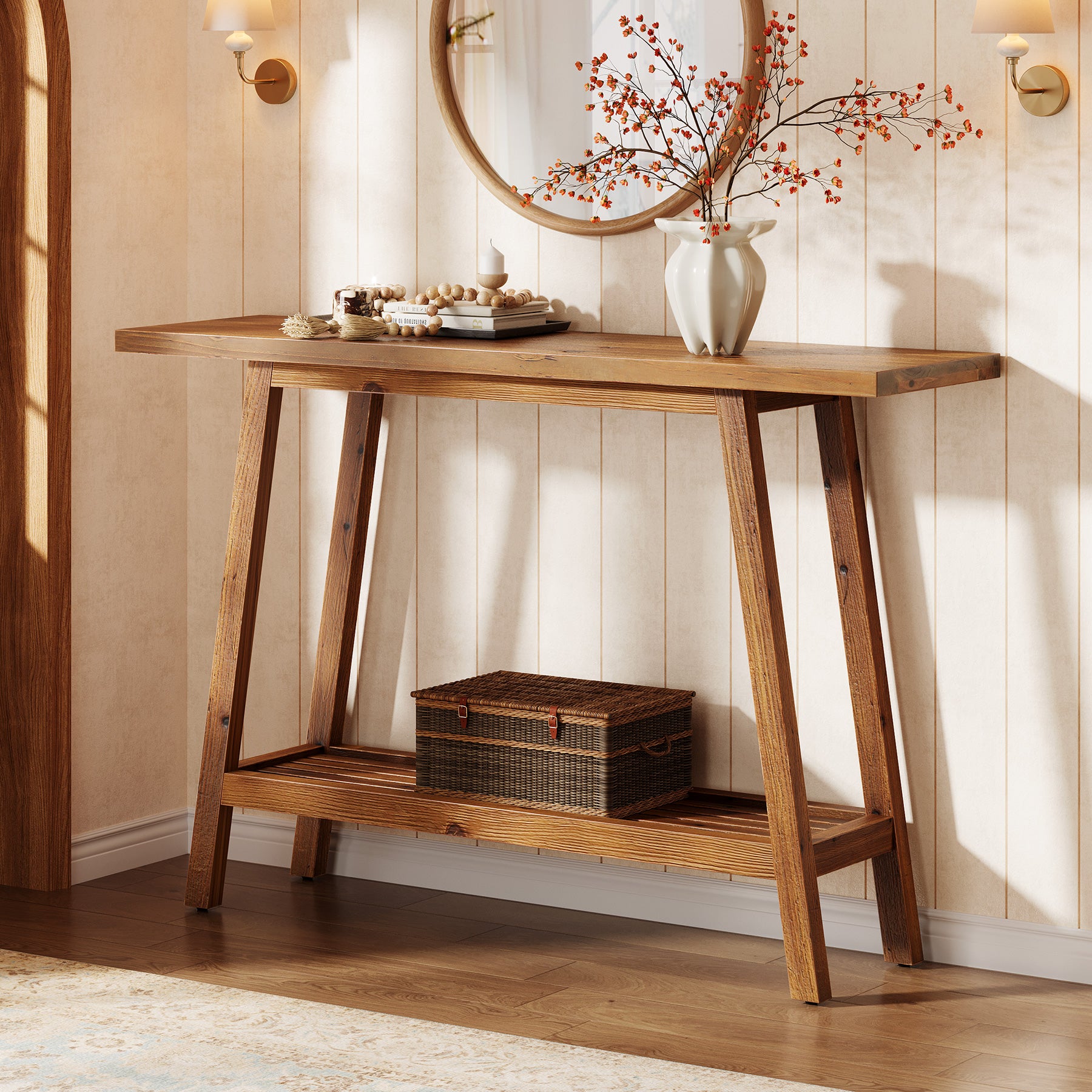 Tribesigns Massivholz Konsolentisch 105 cm schmal mit Ablage, Sofatisch mit Stauraum im Landhausstil