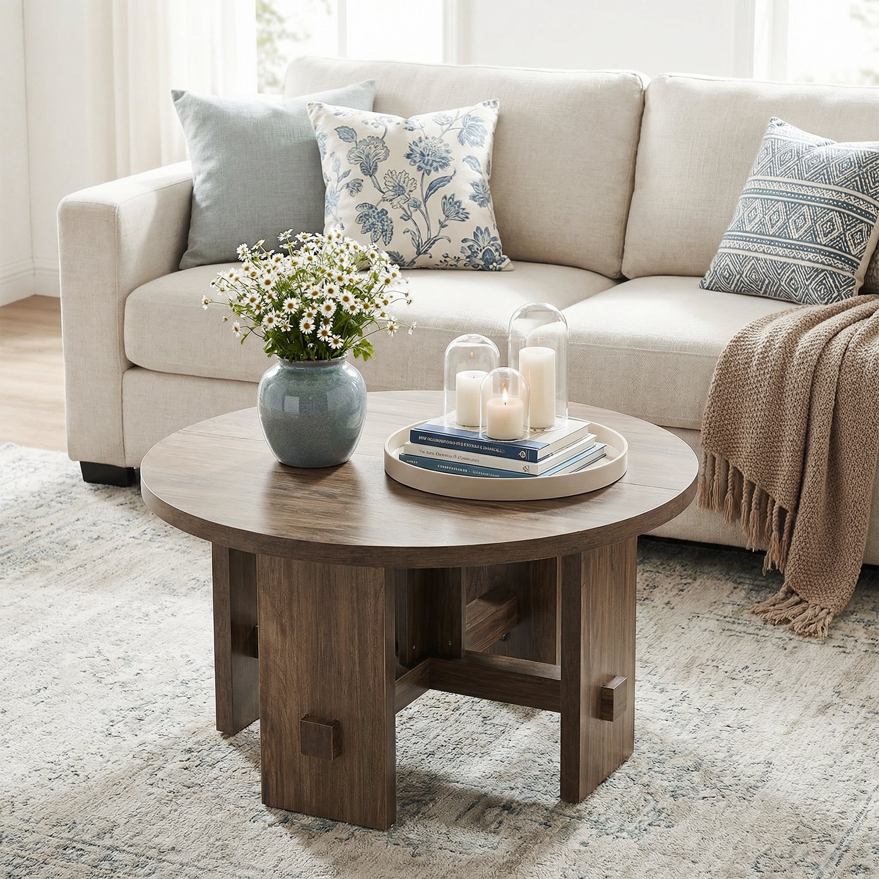 Runder Couchtisch 80 cm mit Sockelgestell, kleiner Farmhouse Wohnzimmertisch für Wohnzimmer & Apartment