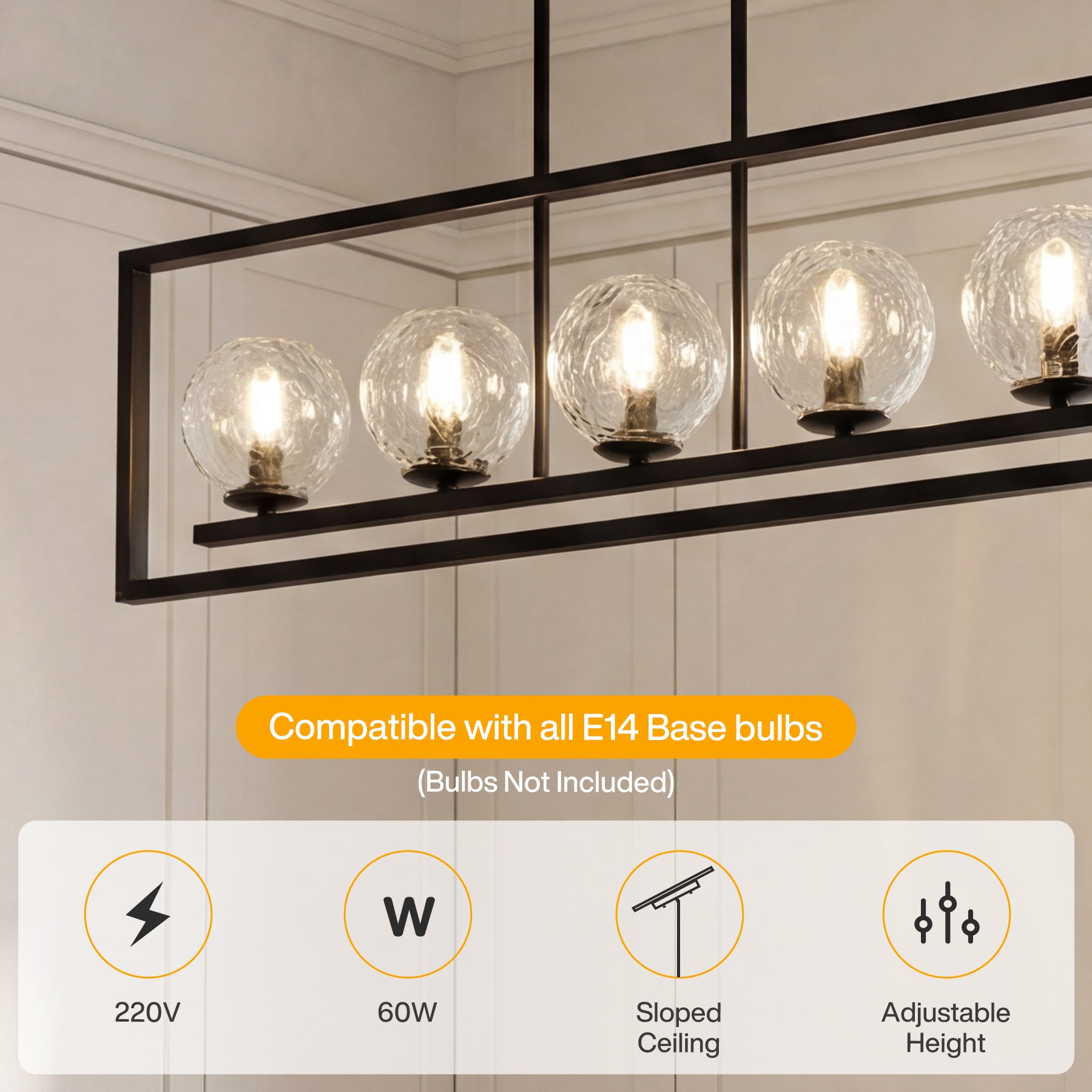 Tribesigns 5-flammige Pendelleuchte Schwarz mit E14-Fassungen, Höhenverstellbare Esstischlampe mit Wellenglas-Schirmen