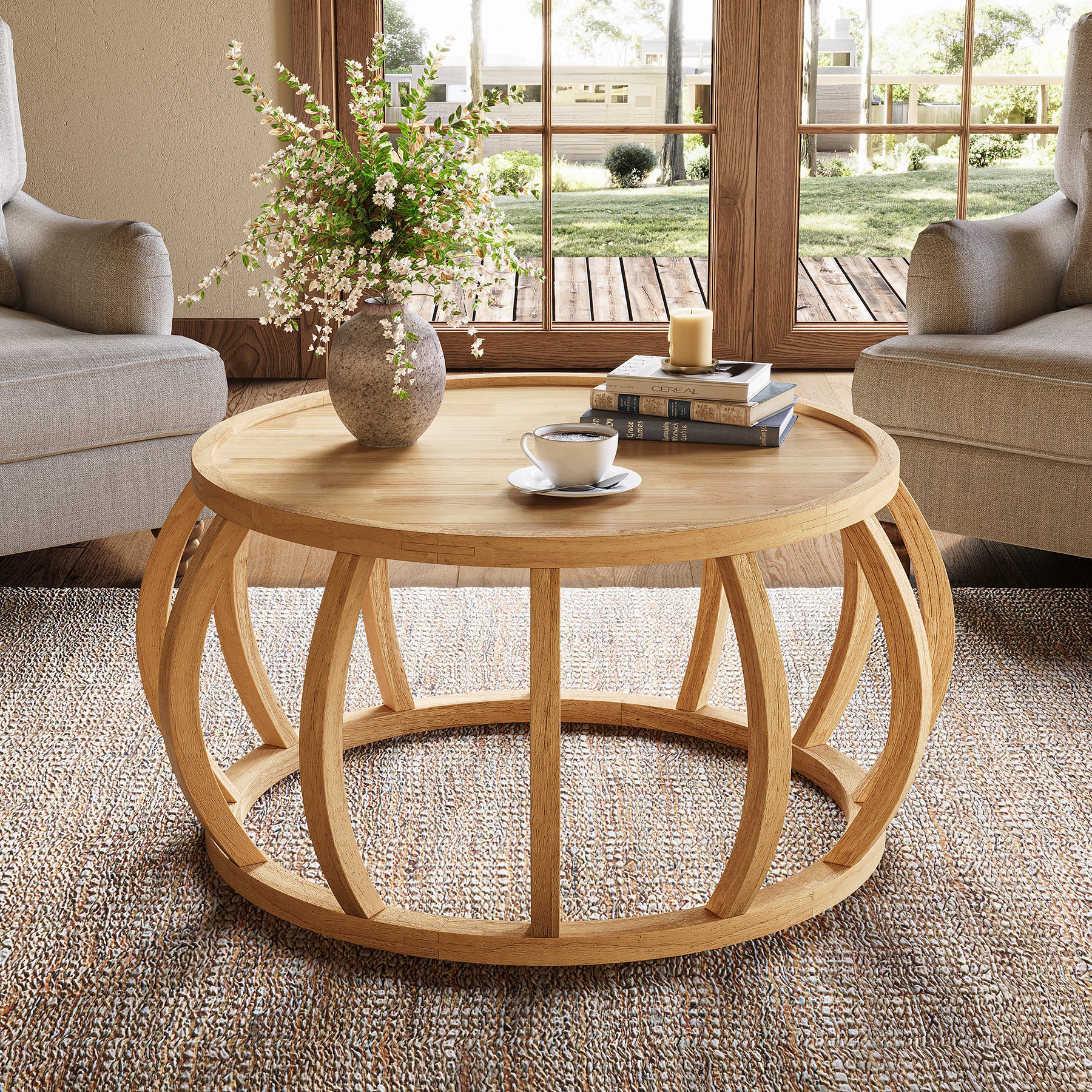 Runder Couchtisch aus Massivholz, 80 cm Wohnzimmertisch mit gebogenem Rahmensockel im Bauernhaus-Stil