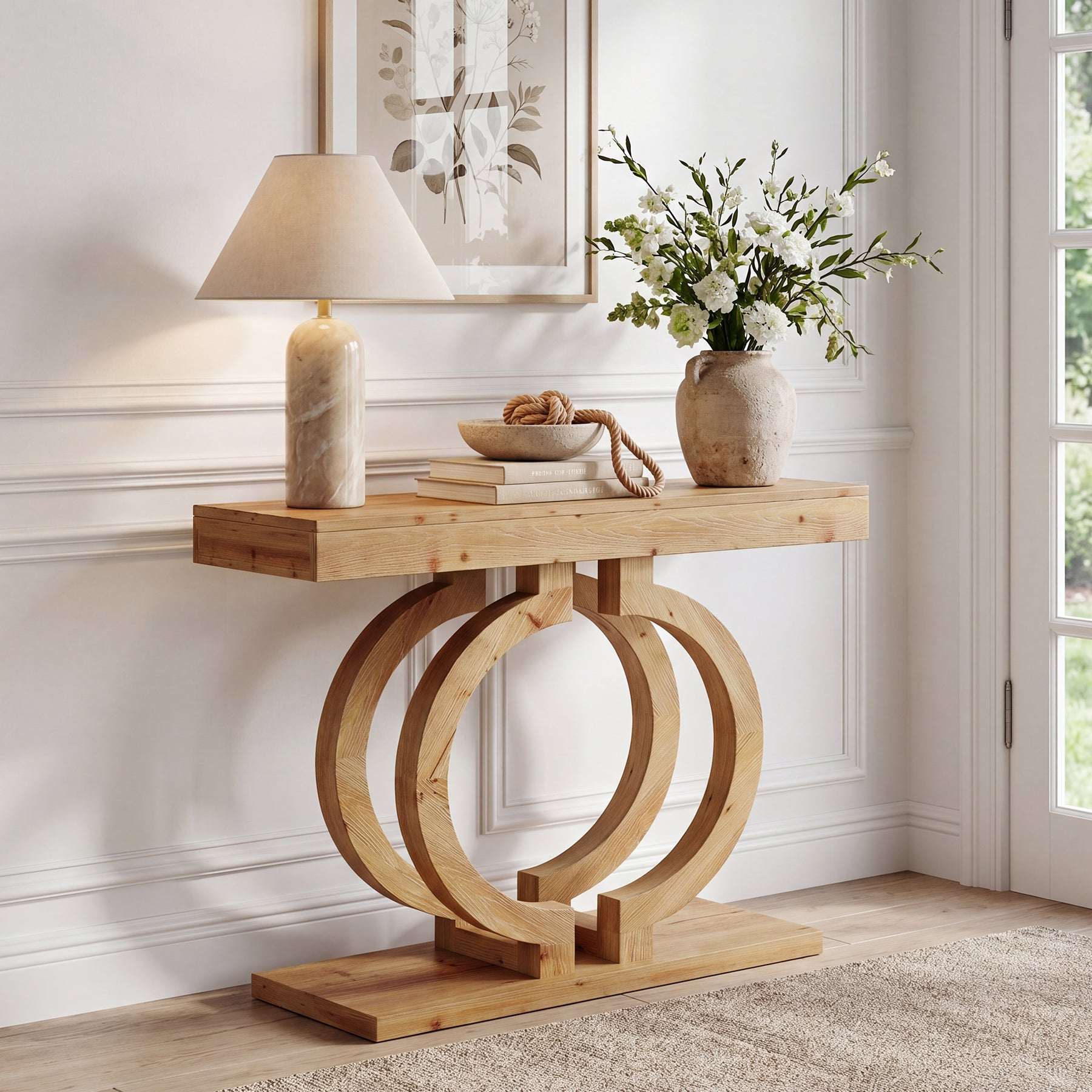 Tribesigns Massivholz Konsolentisch 110 cm, Schmaler Flurtisch mit dekorativem Doppelkreis-Gestell
