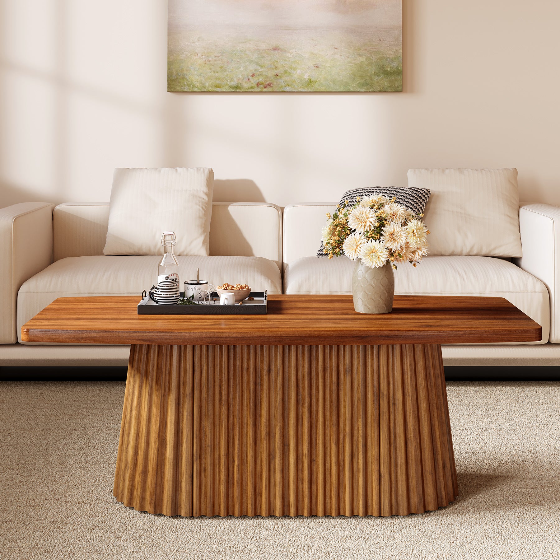 Rechteckiger Couchtisch 120 cm mit abgerundeten Kanten, Wohnzimmertisch im Landhausstil mit plissiertem Sockel