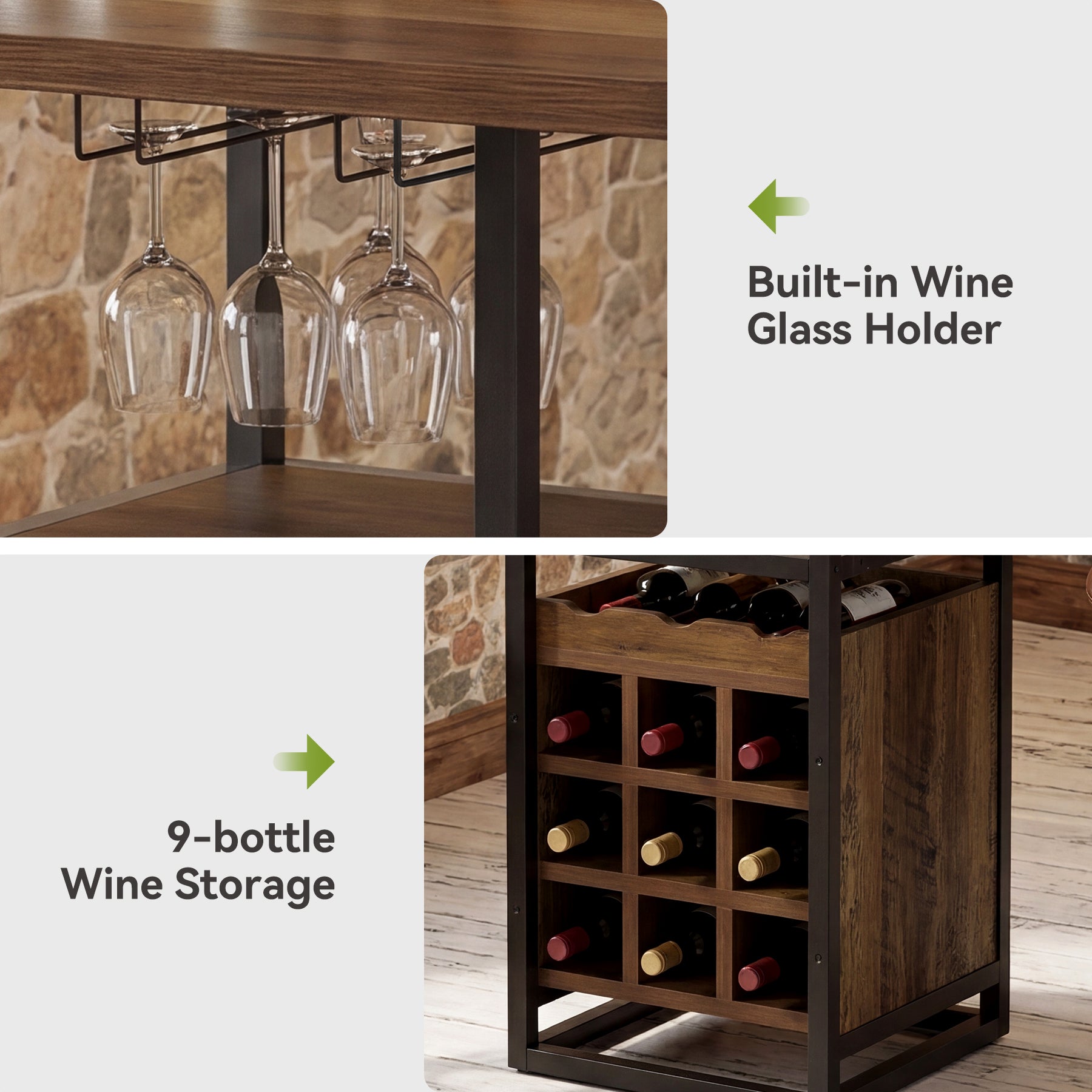 Tribesigns Bartisch 95 cm mit Stauraum, schmaler Bistrotisch mit Ablagen mit Weinregal & Glashalter