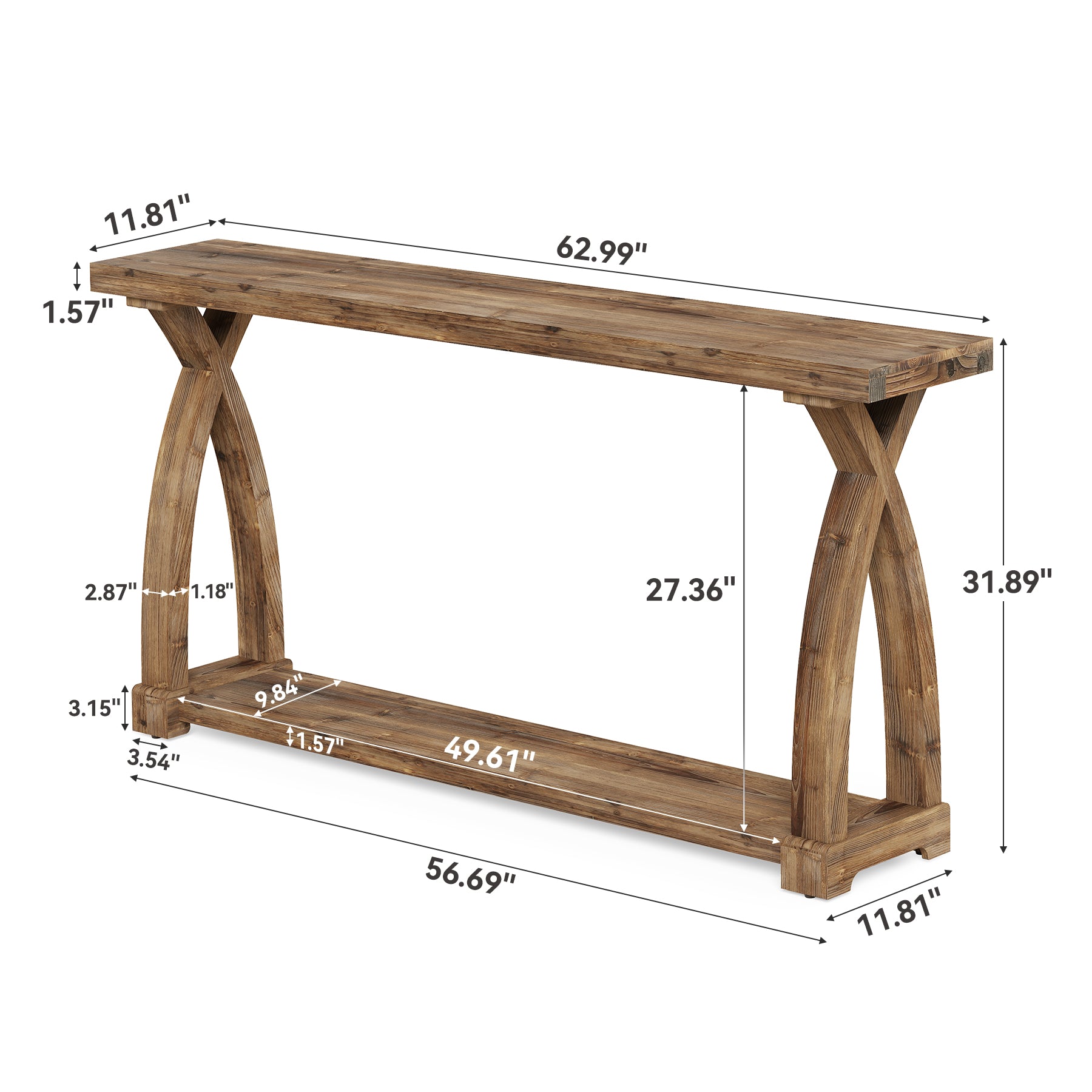 160 cm schmaler Konsolentisch aus Massivholz, Landhaus-Sofatisch mit 2 Ebenen Stauraum