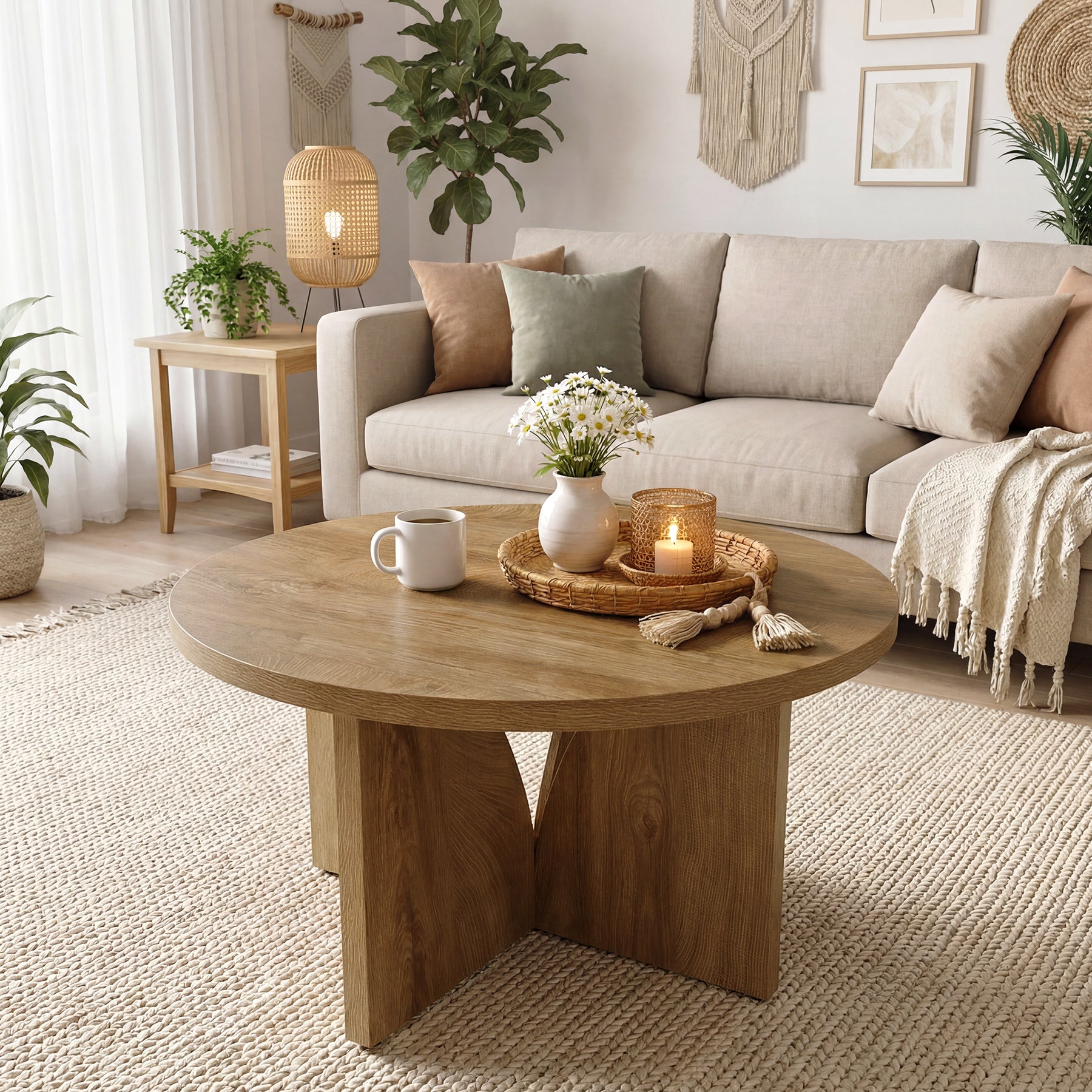 Tribesigns Runder Couchtisch 80 cm, Moderner Wohnzimmertisch in Braun für kleine Räume