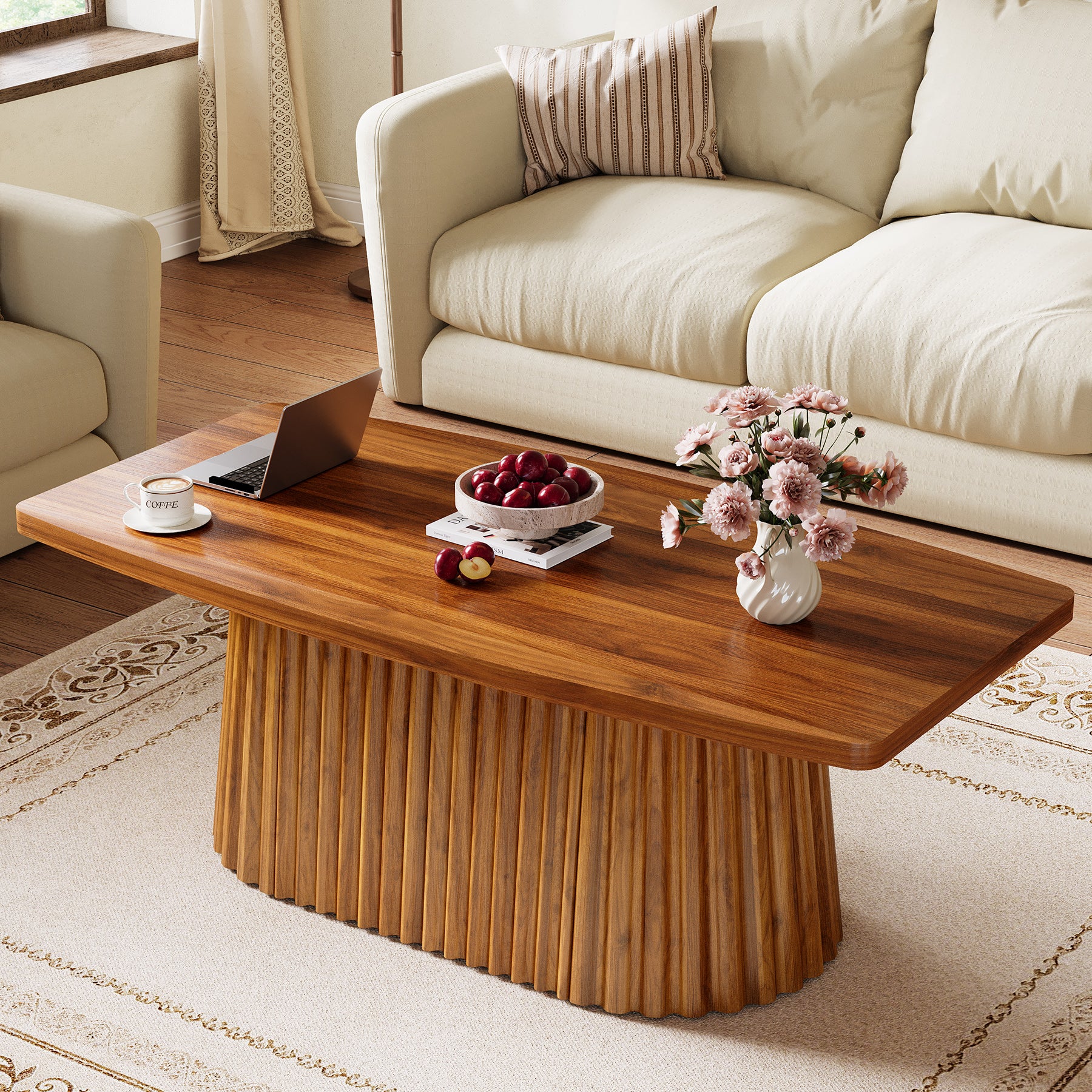 Rechteckiger Couchtisch 120 cm mit abgerundeten Kanten, Wohnzimmertisch im Landhausstil mit plissiertem Sockel