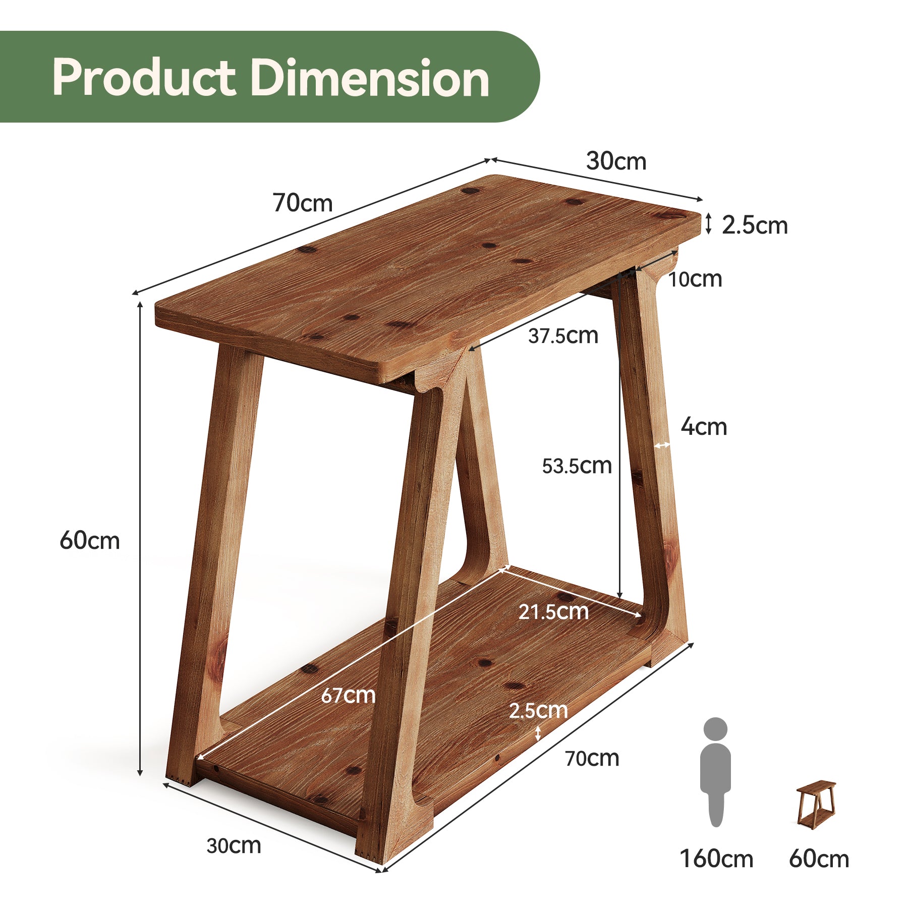 Tribesigns Massivholz Beistelltisch 2 Ebenen, schmaler Nachttisch im Landhausstil