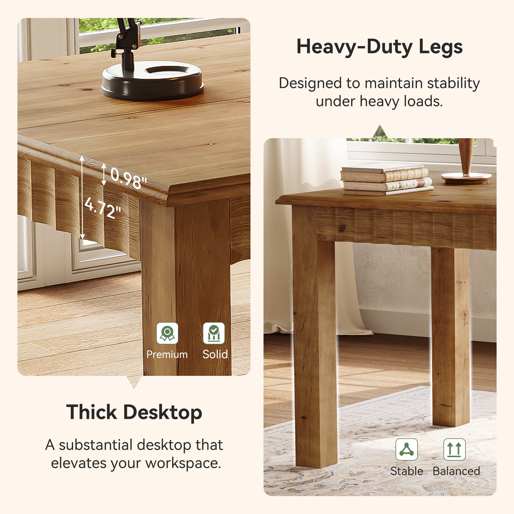 Tribesigns Massivholz Schreibtisch 160 cm, Großer Computertisch mit stabilen Holzbeinen, Home Office Tisch