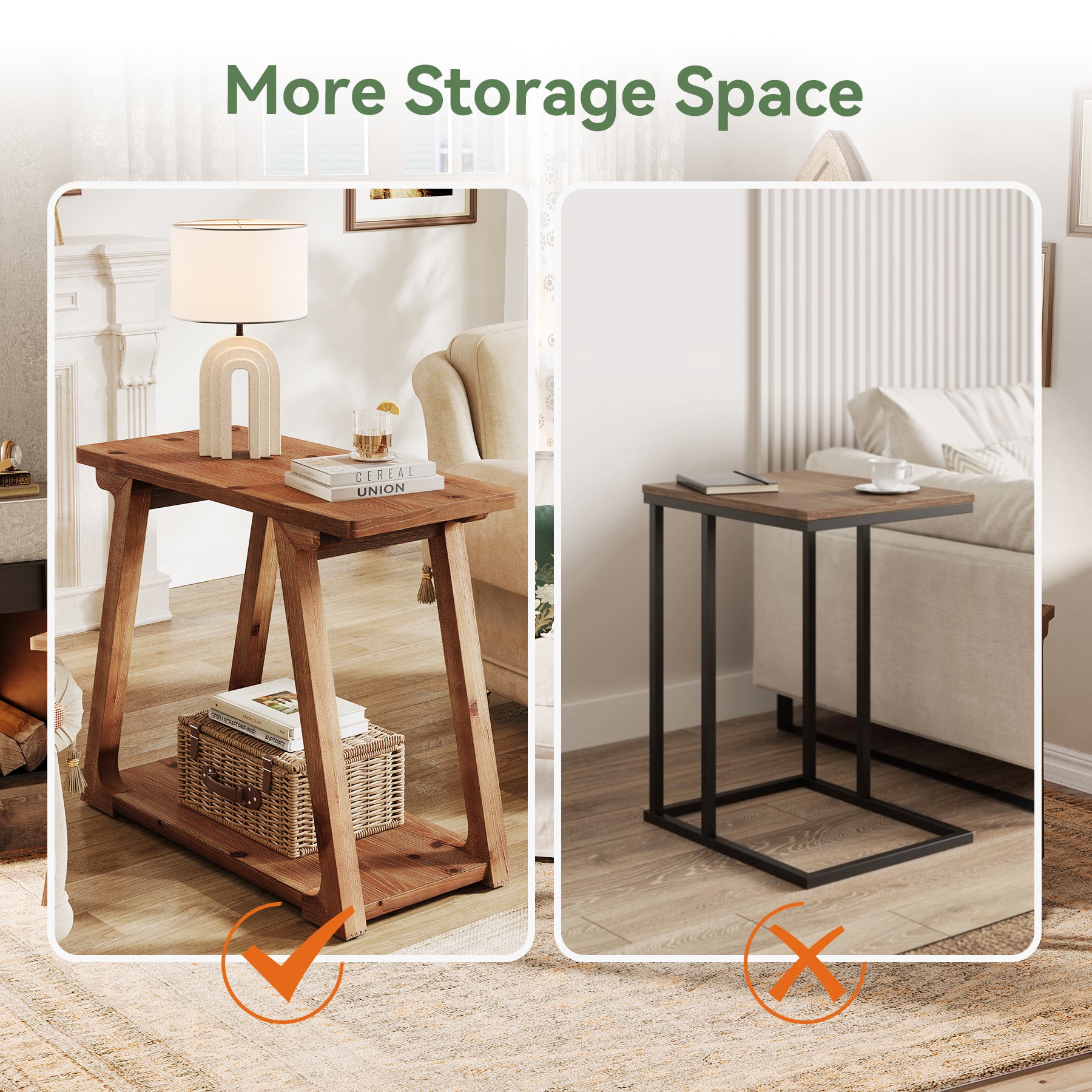 Tribesigns Massivholz Beistelltisch 2 Ebenen, schmaler Nachttisch im Landhausstil