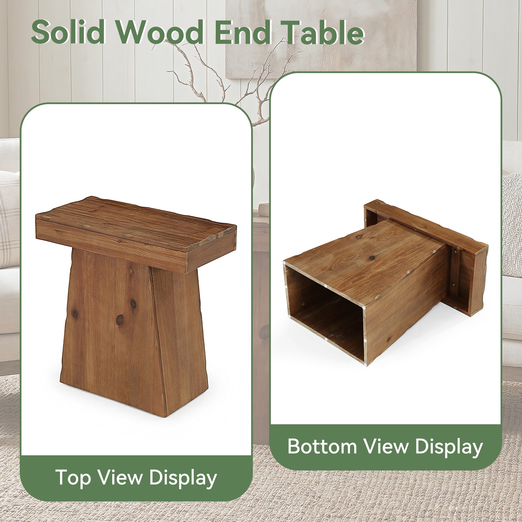 Tribesigns Beistelltisch aus Massivholz 60 cm, Holztisch mit trapezförmigem Standfuß