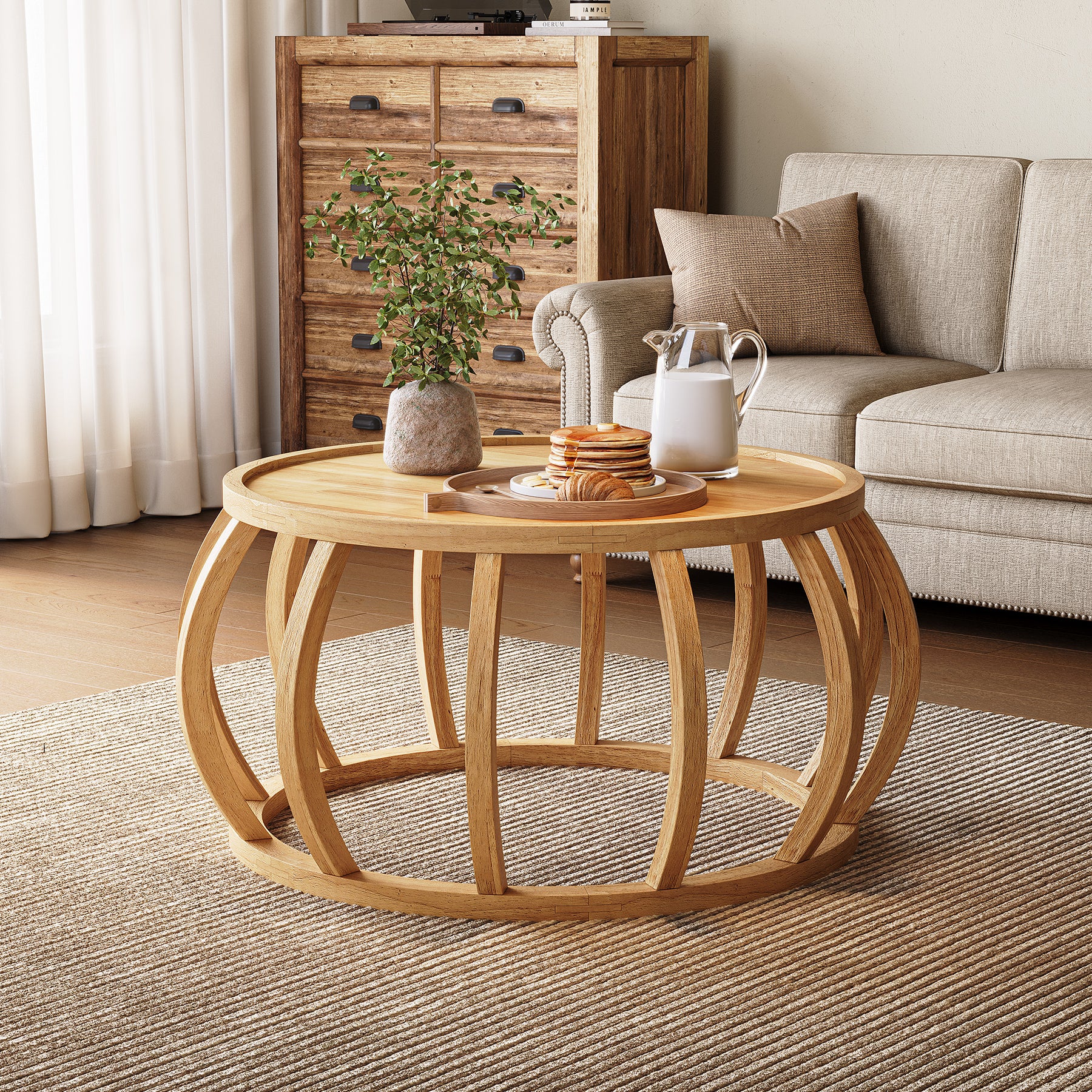 Runder Couchtisch aus Massivholz, 80 cm Wohnzimmertisch mit gebogenem Rahmensockel im Bauernhaus-Stil