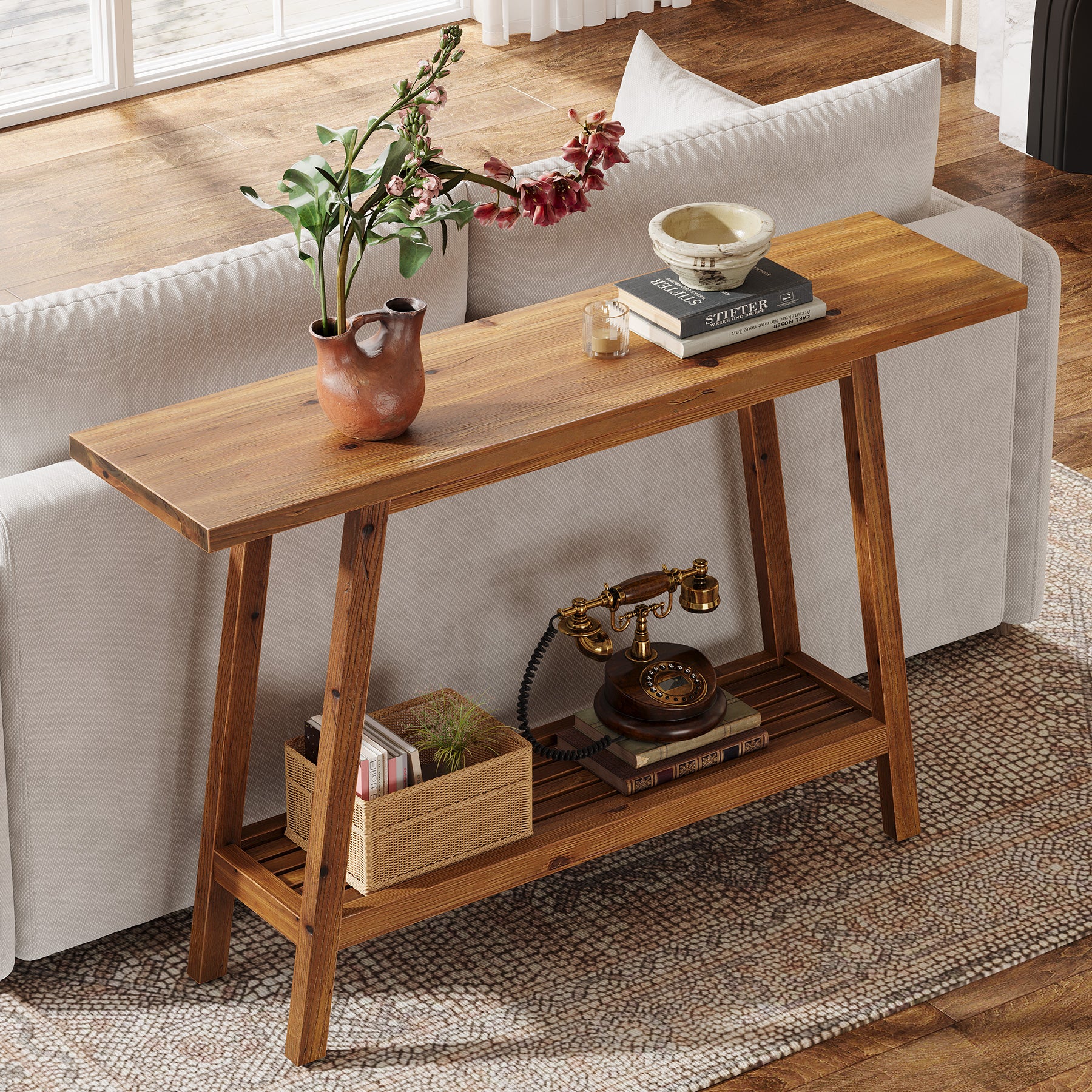 Tribesigns Massivholz Konsolentisch 105 cm schmal mit Ablage, Sofatisch mit Stauraum im Landhausstil
