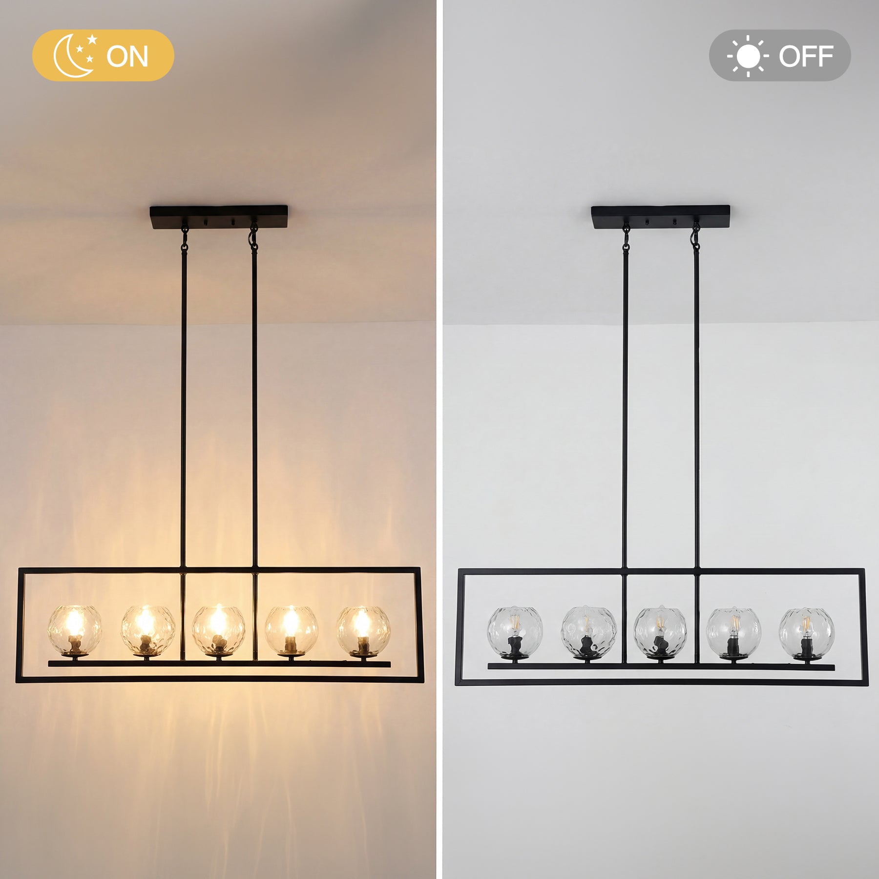 Tribesigns 5-flammige Pendelleuchte Schwarz mit E14-Fassungen, Höhenverstellbare Esstischlampe mit Wellenglas-Schirmen