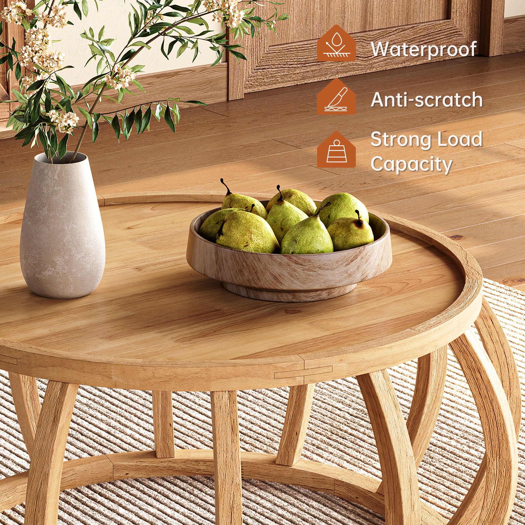 Runder Couchtisch aus Massivholz, 80 cm Wohnzimmertisch mit gebogenem Rahmensockel im Bauernhaus-Stil