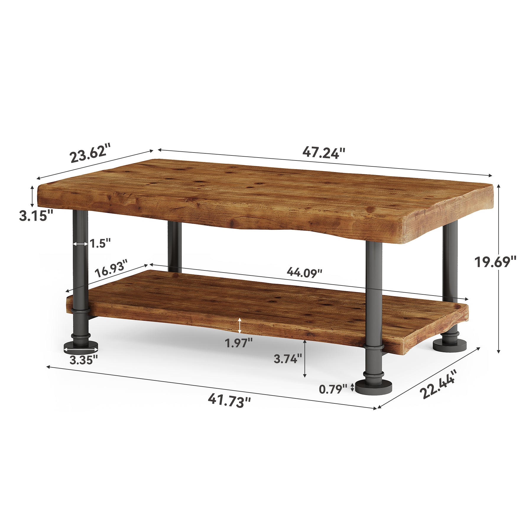 Tribesigns Rechteckiger Couchtisch 120 cm, 2 Ebenen Massivholz Wohnzimmertisch mit Live-Edge & Metallbeinen