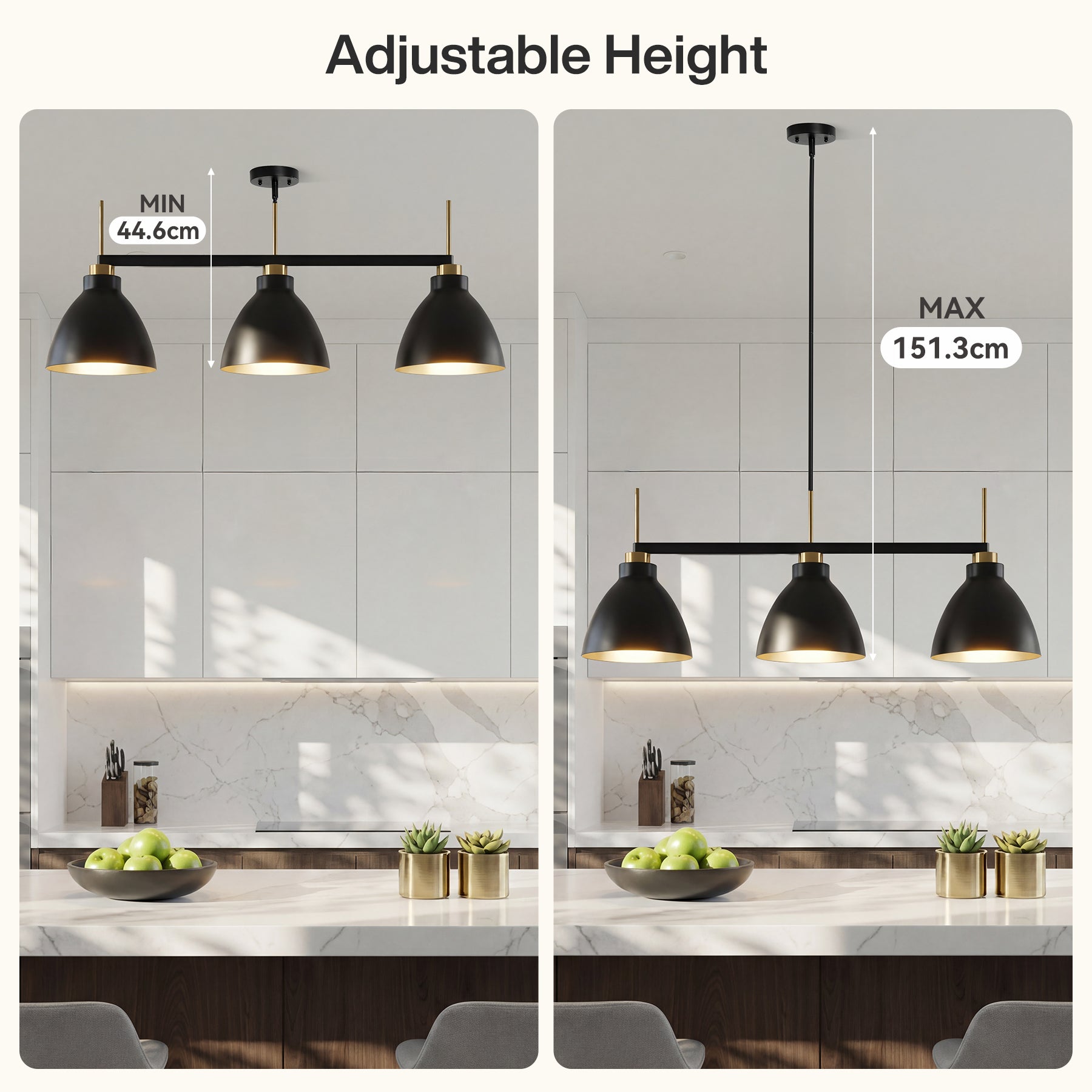 Tribesigns 3-flammige Pendelleuchte Schwarz-Gold, Höhenverstellbare Industrie-Hängeleuchte, E27 Metalllampe