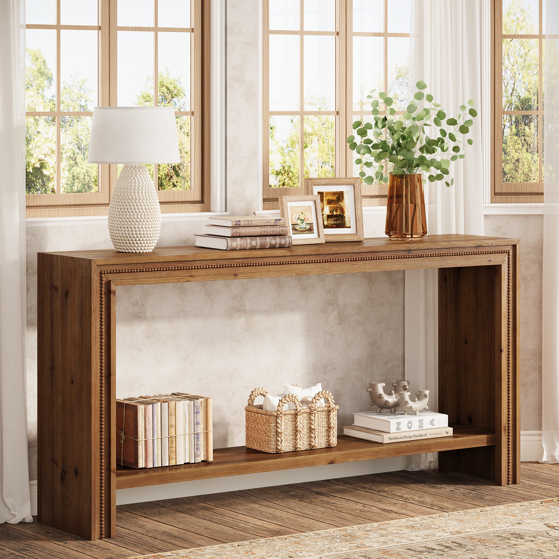 Tribesigns Massiver Holz Konsolentisch 160 cm im Landhausstil, schmaler Flurtisch mit 2 Ebenen