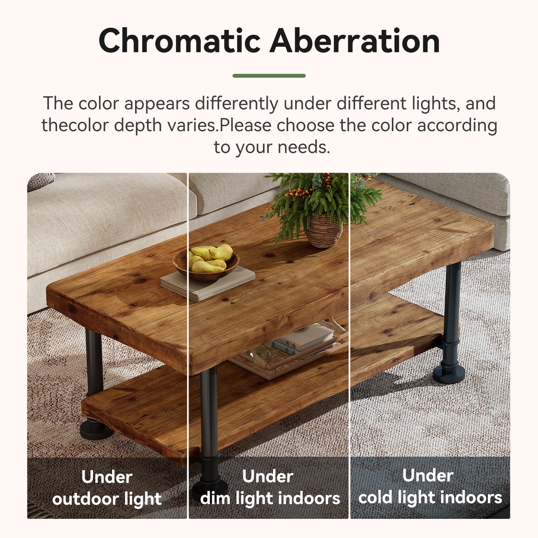 Tribesigns Rechteckiger Couchtisch 120 cm, 2 Ebenen Massivholz Wohnzimmertisch mit Live-Edge & Metallbeinen