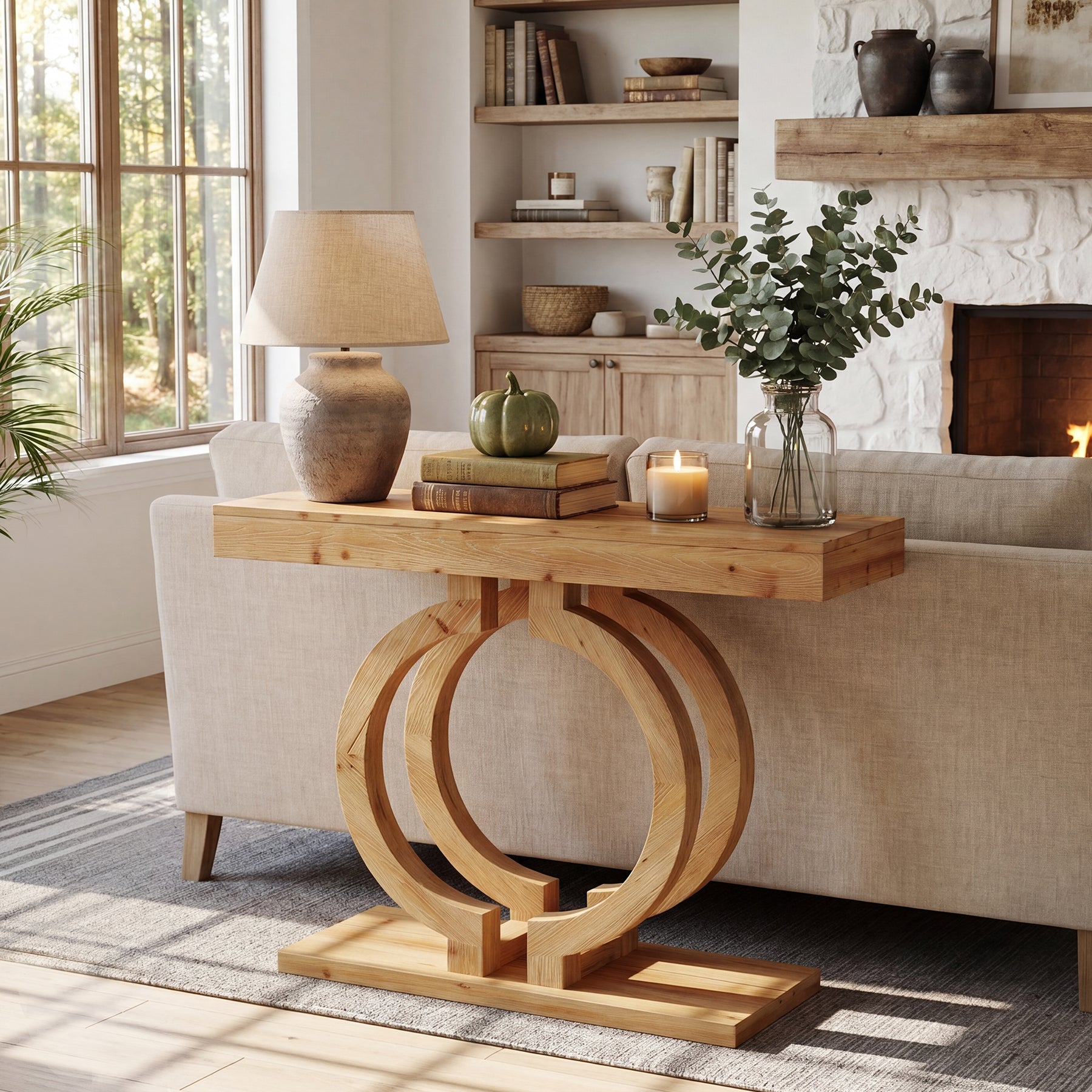 Tribesigns Massivholz Konsolentisch 110 cm, Schmaler Flurtisch mit dekorativem Doppelkreis-Gestell