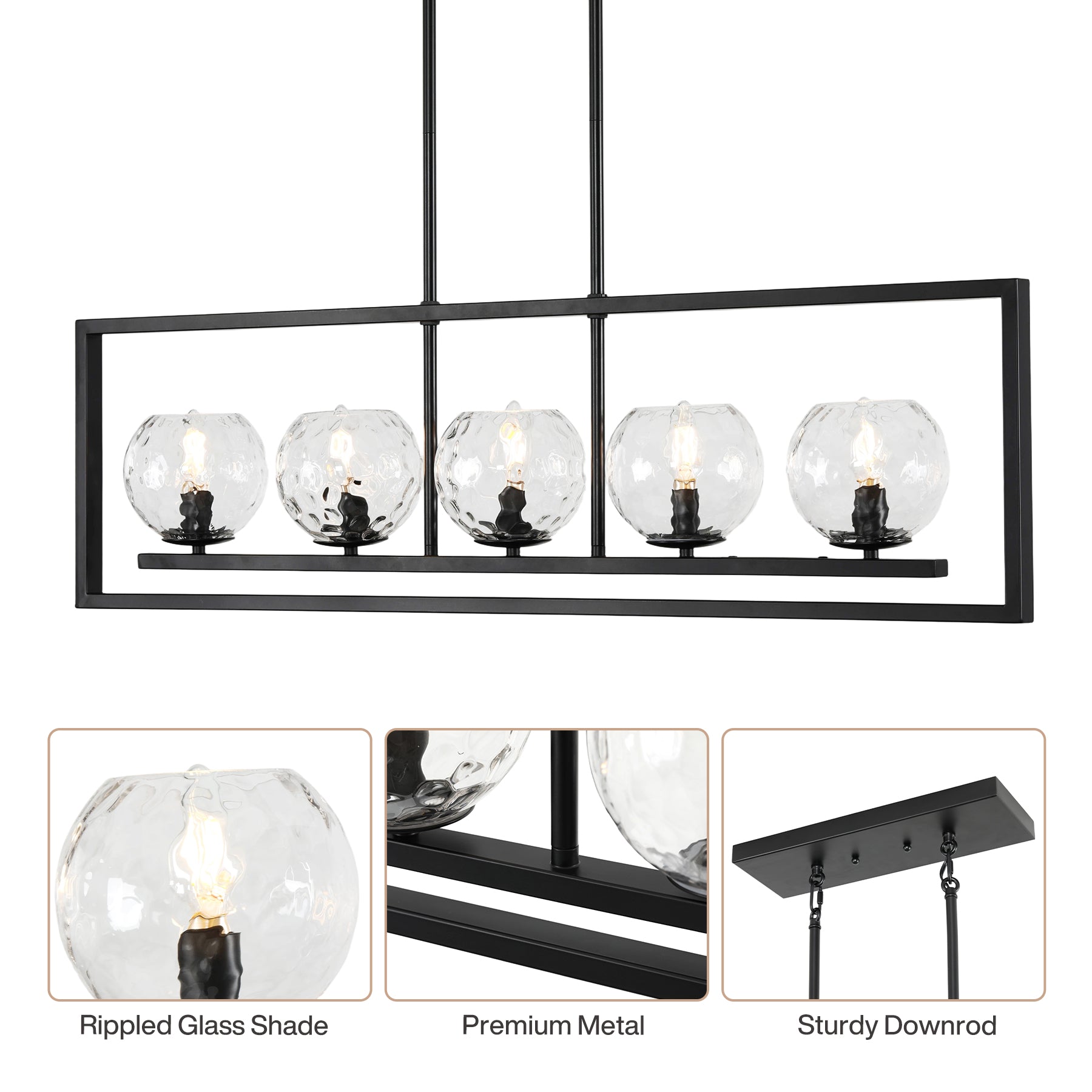 Tribesigns 5-flammige Pendelleuchte Schwarz mit E14-Fassungen, Höhenverstellbare Esstischlampe mit Wellenglas-Schirmen
