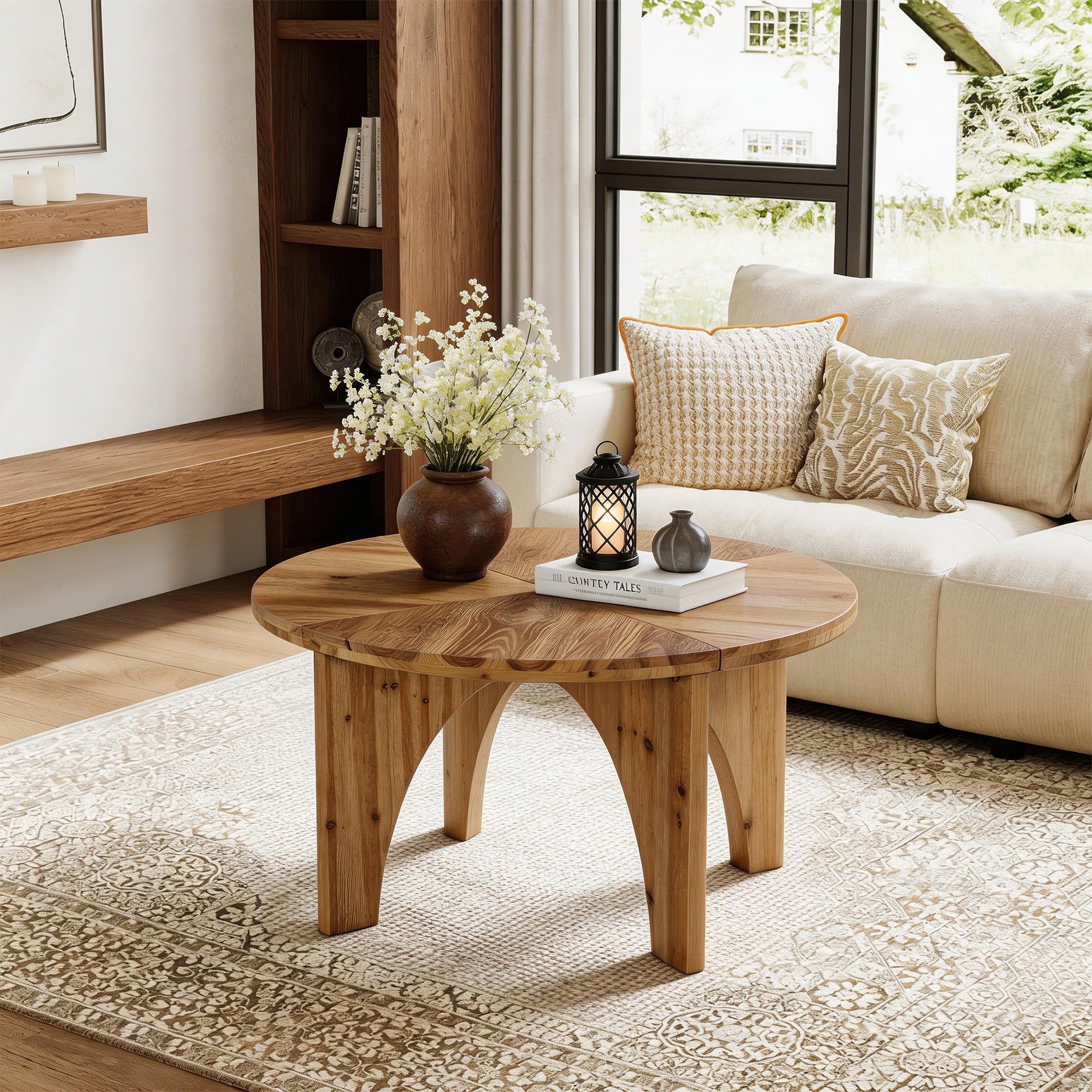 Tribesigns Runder Couchtisch aus Massivholz 80 cm, Landhaus Wohnzimmertisch mit geschwungenen Beinen