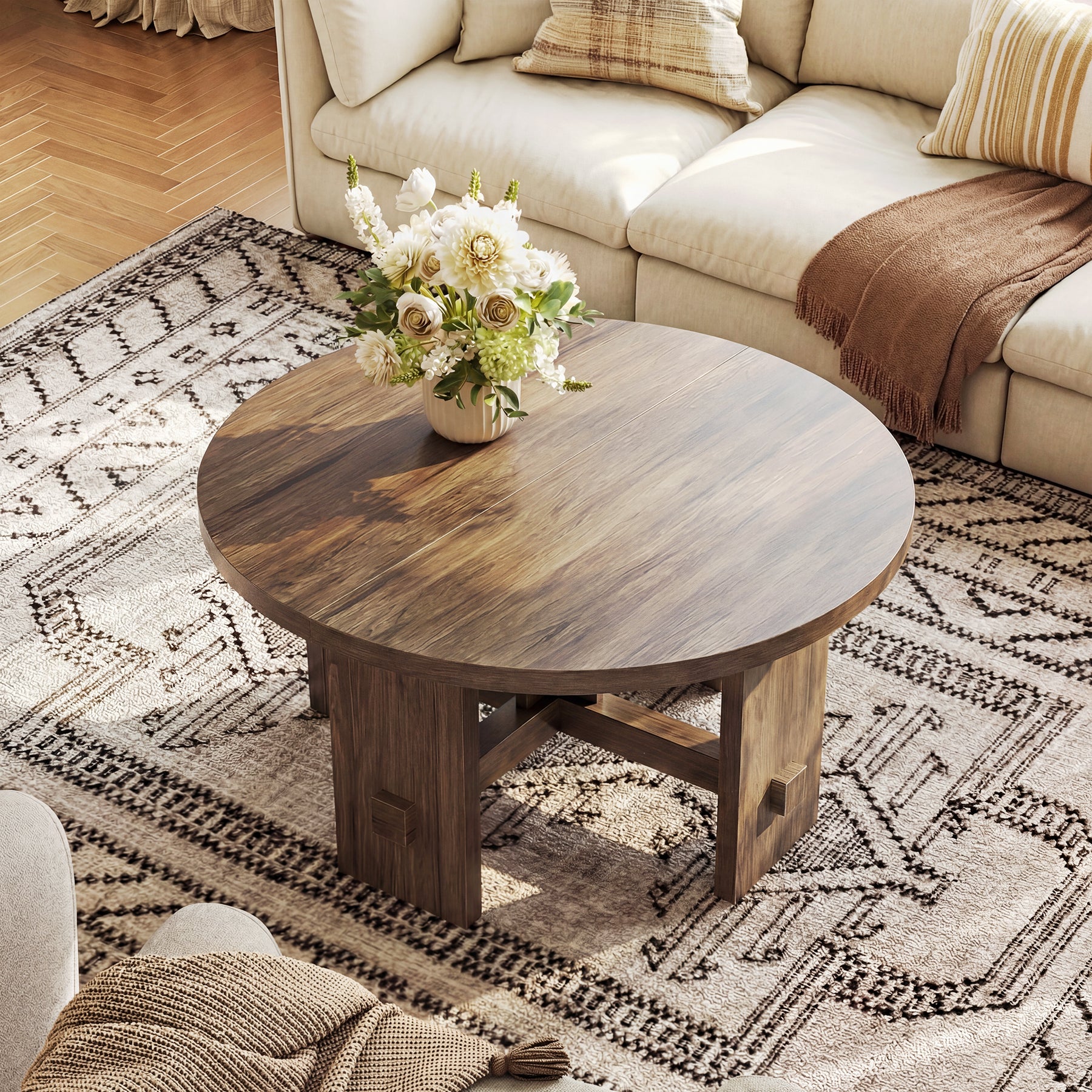 Runder Couchtisch 80 cm mit Sockelgestell, kleiner Farmhouse Wohnzimmertisch für Wohnzimmer & Apartment