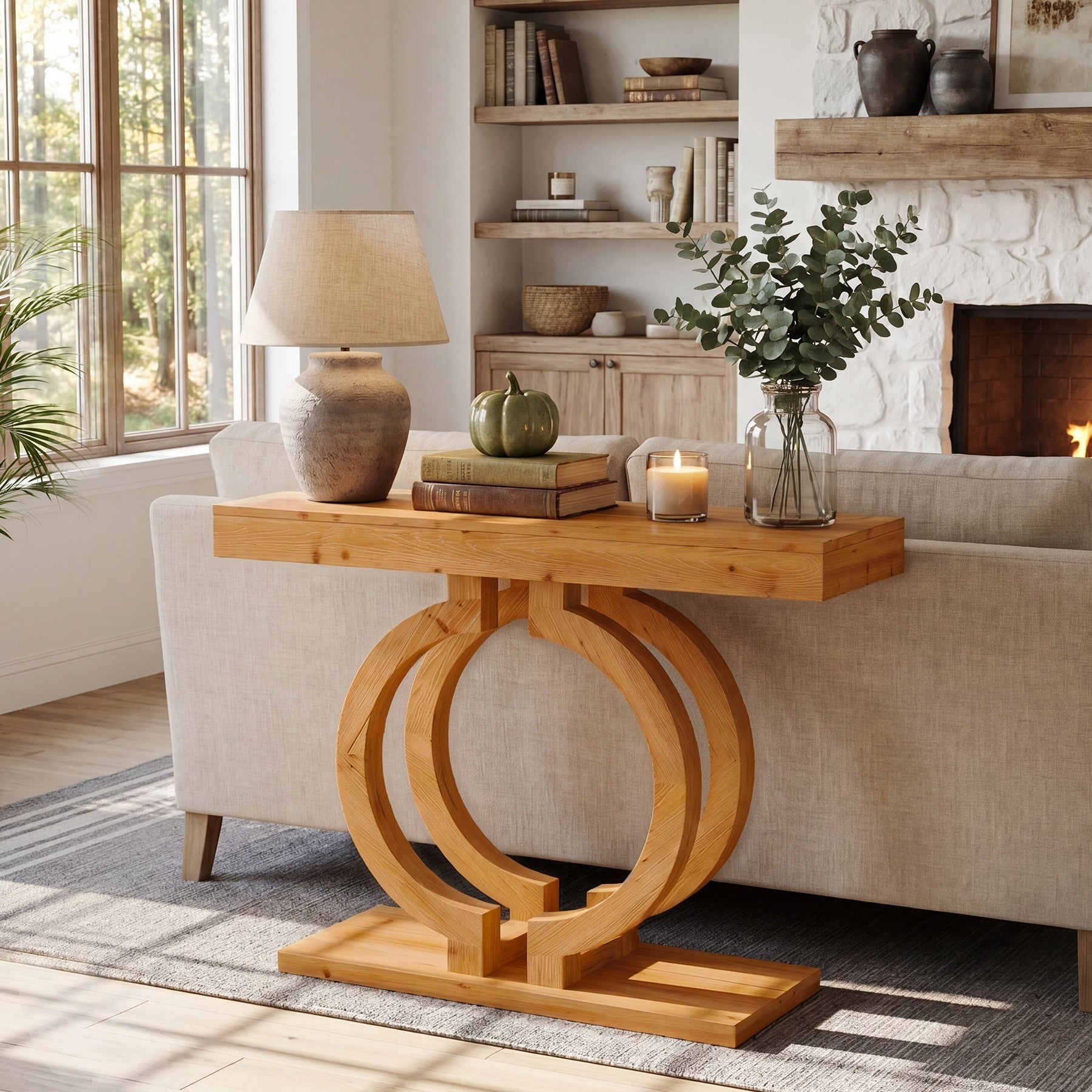 Tribesigns Massivholz Konsolentisch 110 cm, Schmaler Flurtisch mit dekorativem Doppelkreis-Gestell