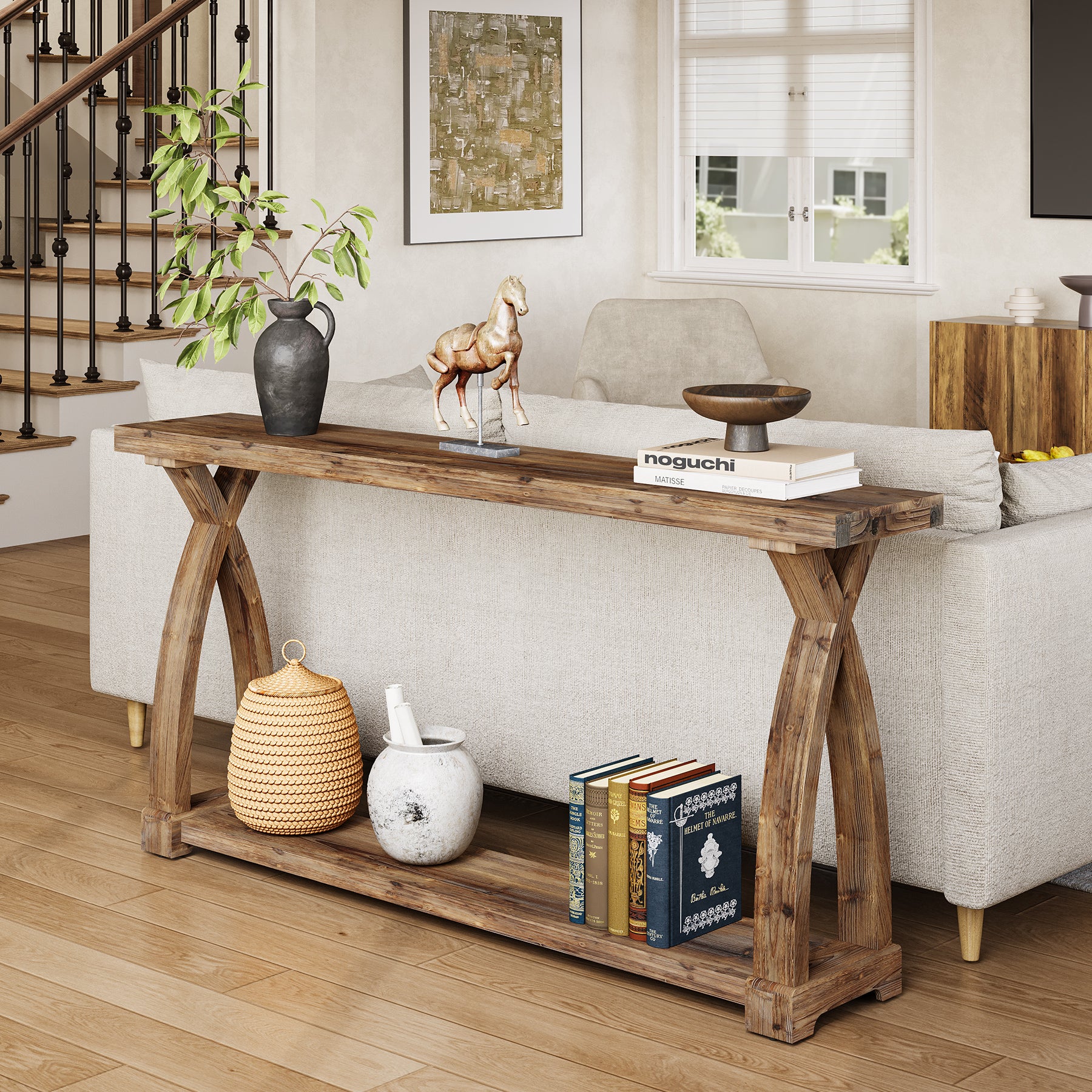 160 cm schmaler Konsolentisch aus Massivholz, Landhaus-Sofatisch mit 2 Ebenen Stauraum