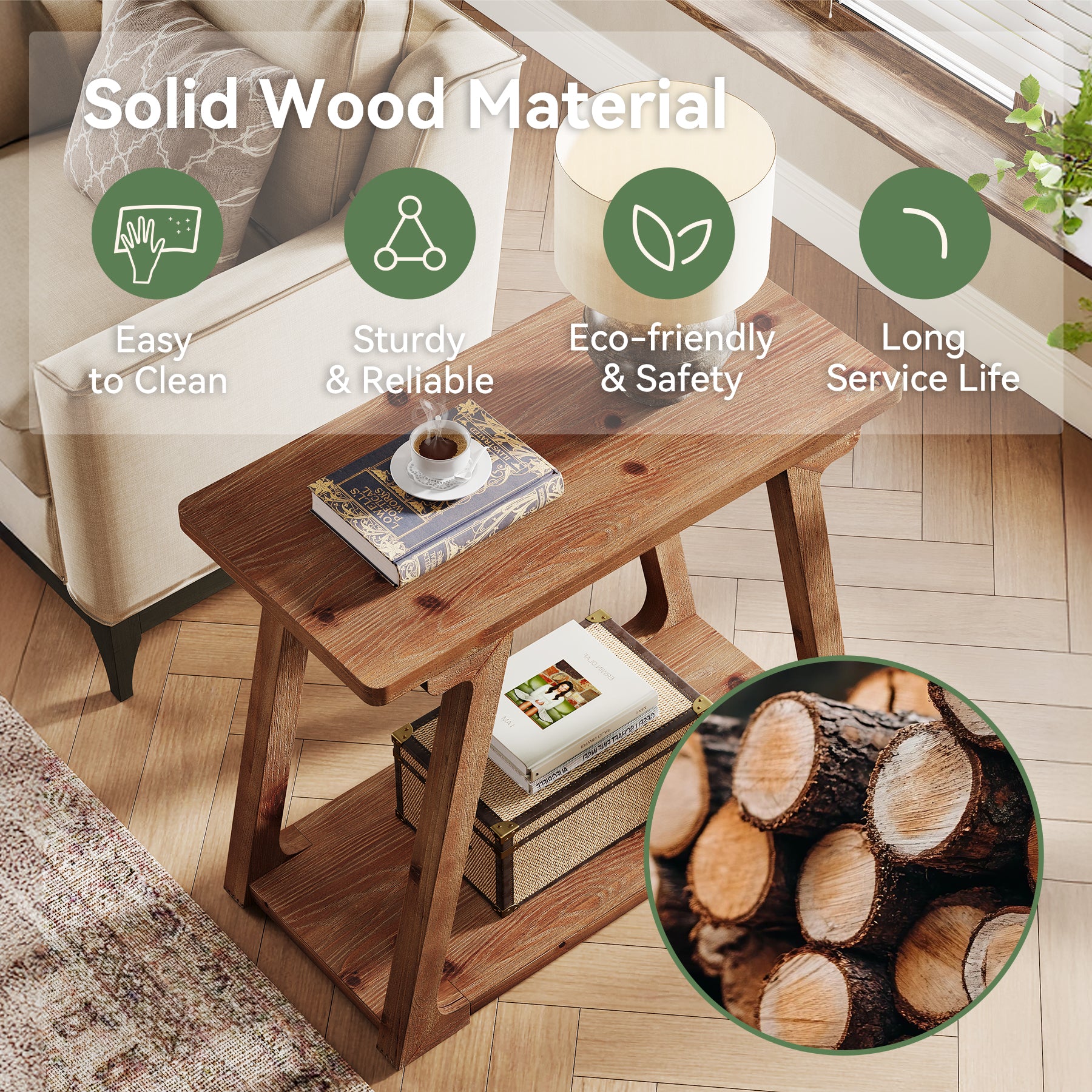 Tribesigns Massivholz Beistelltisch 2 Ebenen, schmaler Nachttisch im Landhausstil