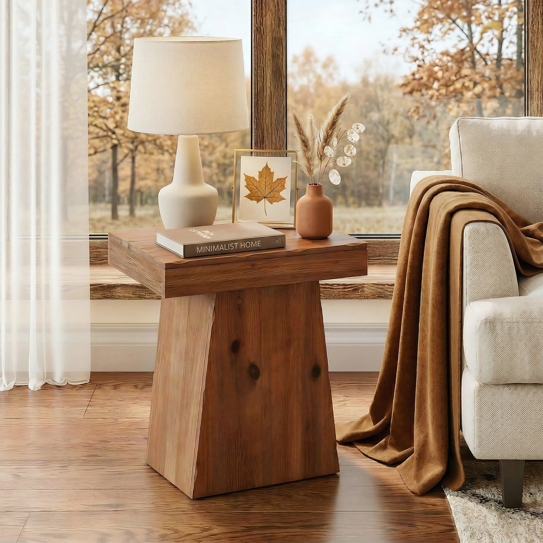 Tribesigns Beistelltisch aus Massivholz 60 cm, Holztisch mit trapezförmigem Standfuß