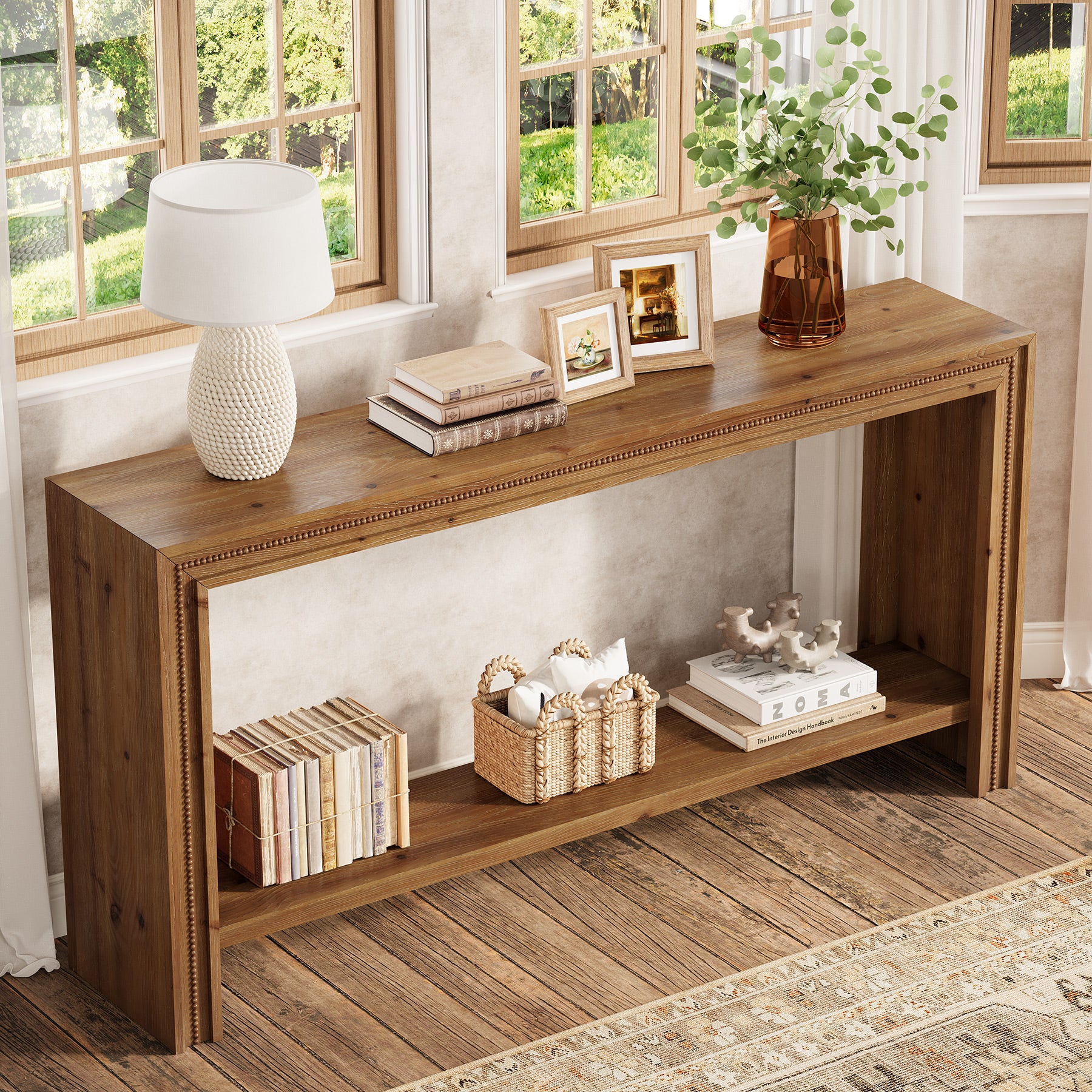 Tribesigns Massiver Holz Konsolentisch 160 cm im Landhausstil, schmaler Flurtisch mit 2 Ebenen