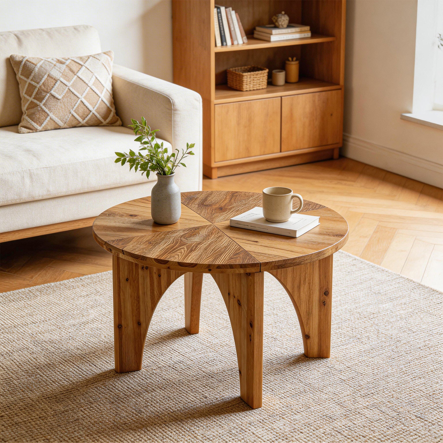 Tribesigns Runder Couchtisch aus Massivholz 80 cm, Landhaus Wohnzimmertisch mit geschwungenen Beinen