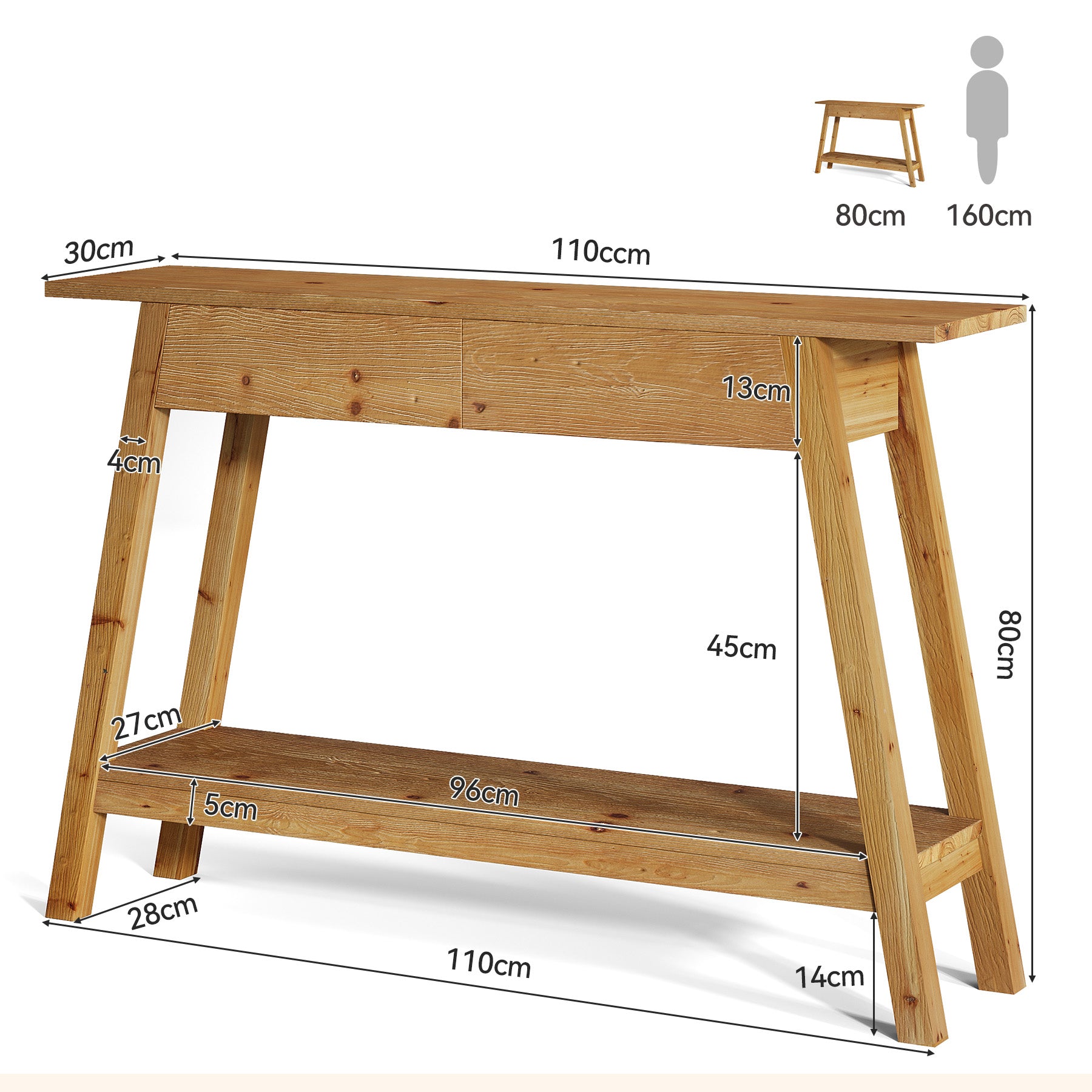 Tribesigns Massivholz Konsolentisch 110 cm mit 2 Schubladen, schmaler Flurtisch mit Ablage