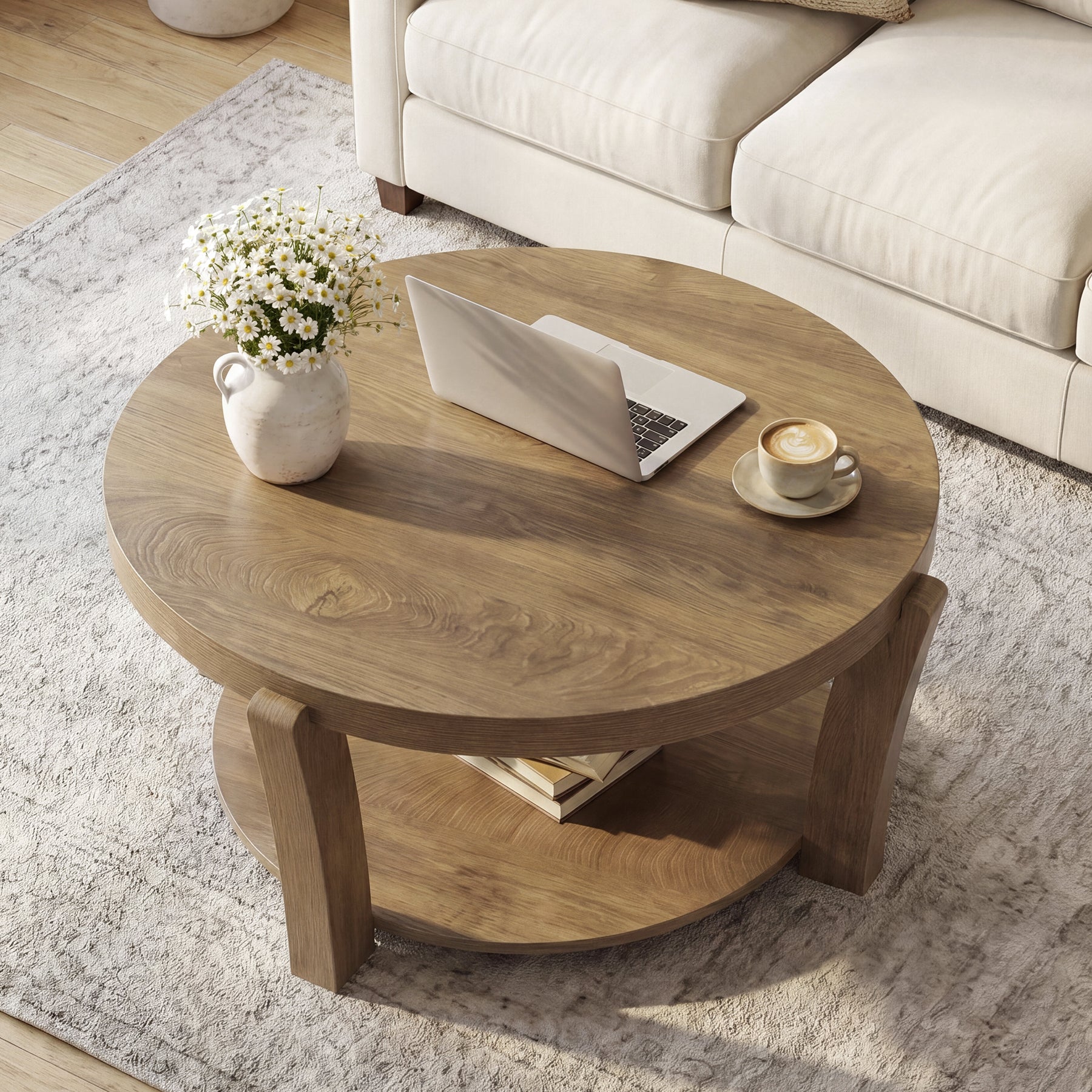 Tribesigns Runder Couchtisch 80 cm, Wohnzimmertisch mit 2 Ebenen & Offener Ablage