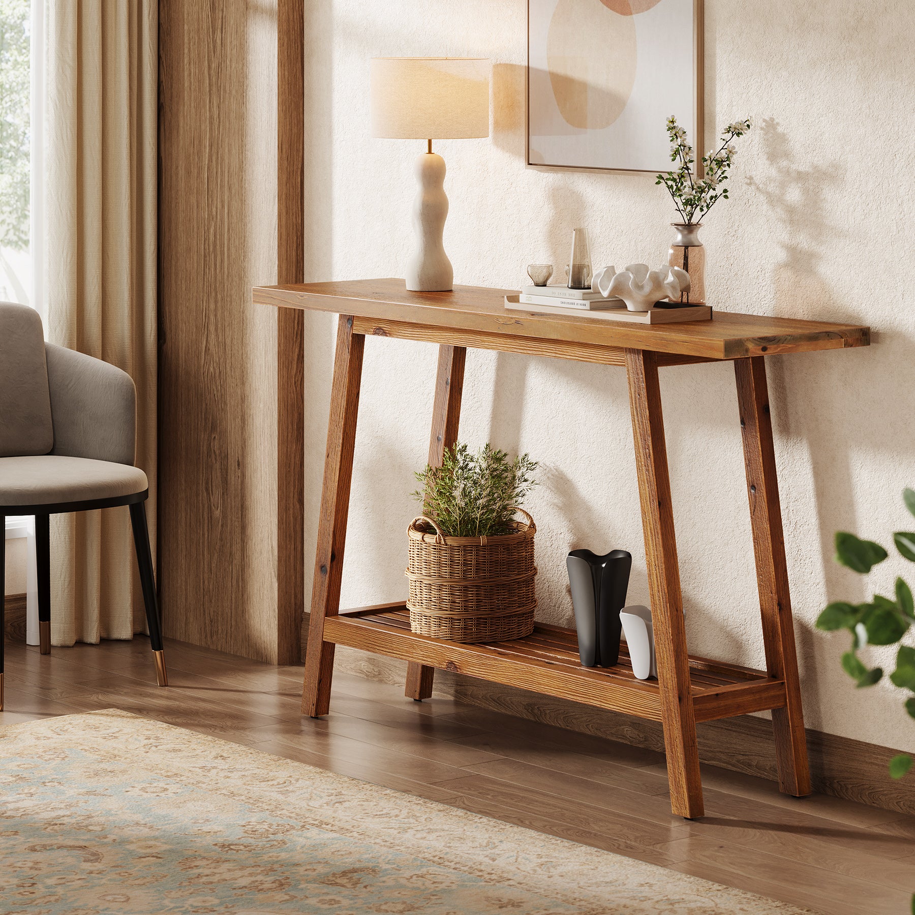 Tribesigns Massivholz Konsolentisch 105 cm schmal mit Ablage, Sofatisch mit Stauraum im Landhausstil