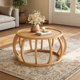 Runder Couchtisch aus Massivholz, 80 cm Wohnzimmertisch mit gebogenem Rahmensockel im Bauernhaus-Stil 3