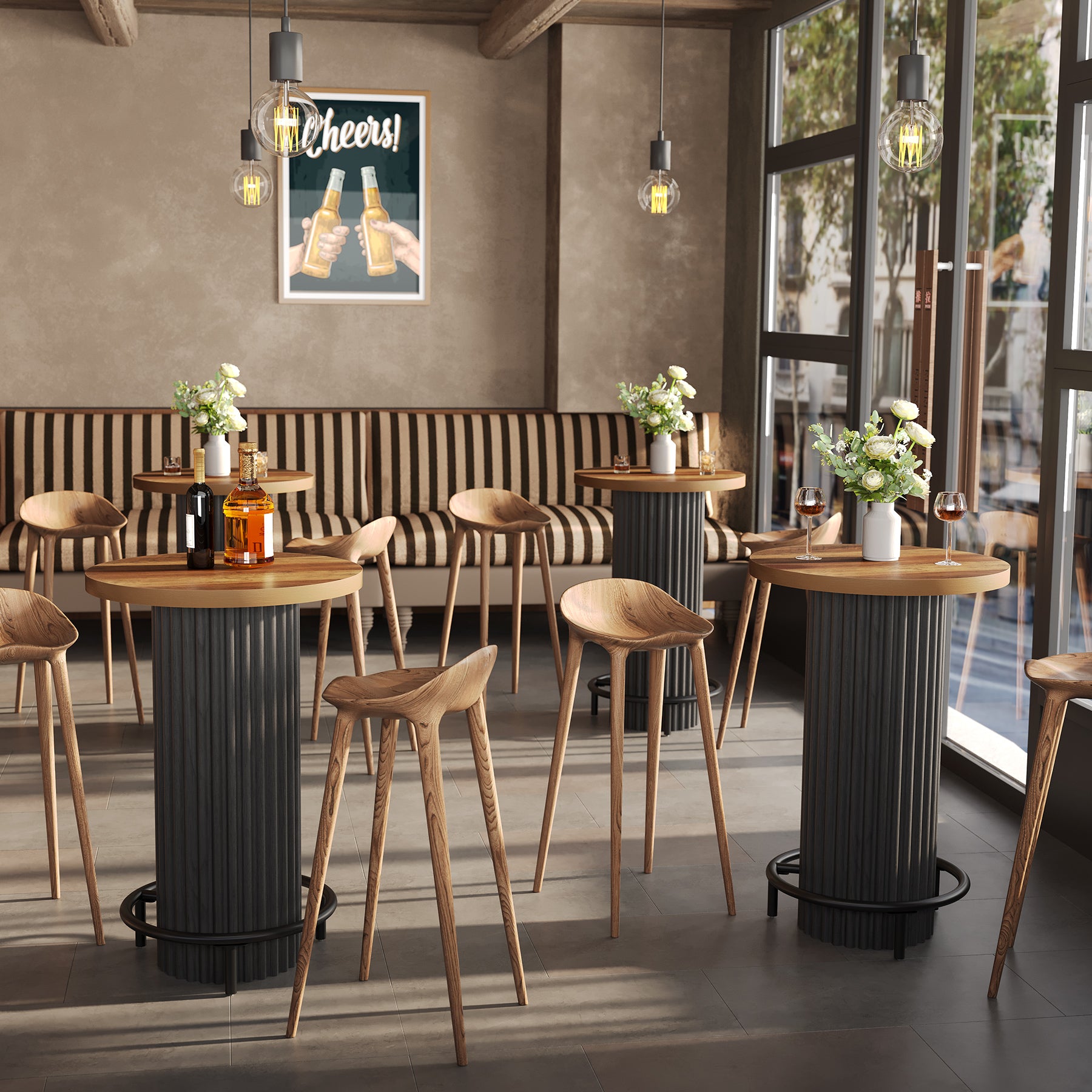 Tribesigns Bartisch Rund 100 cm Hoch, Moderner Bistrotisch aus Holz mit Metall-Fußstütze