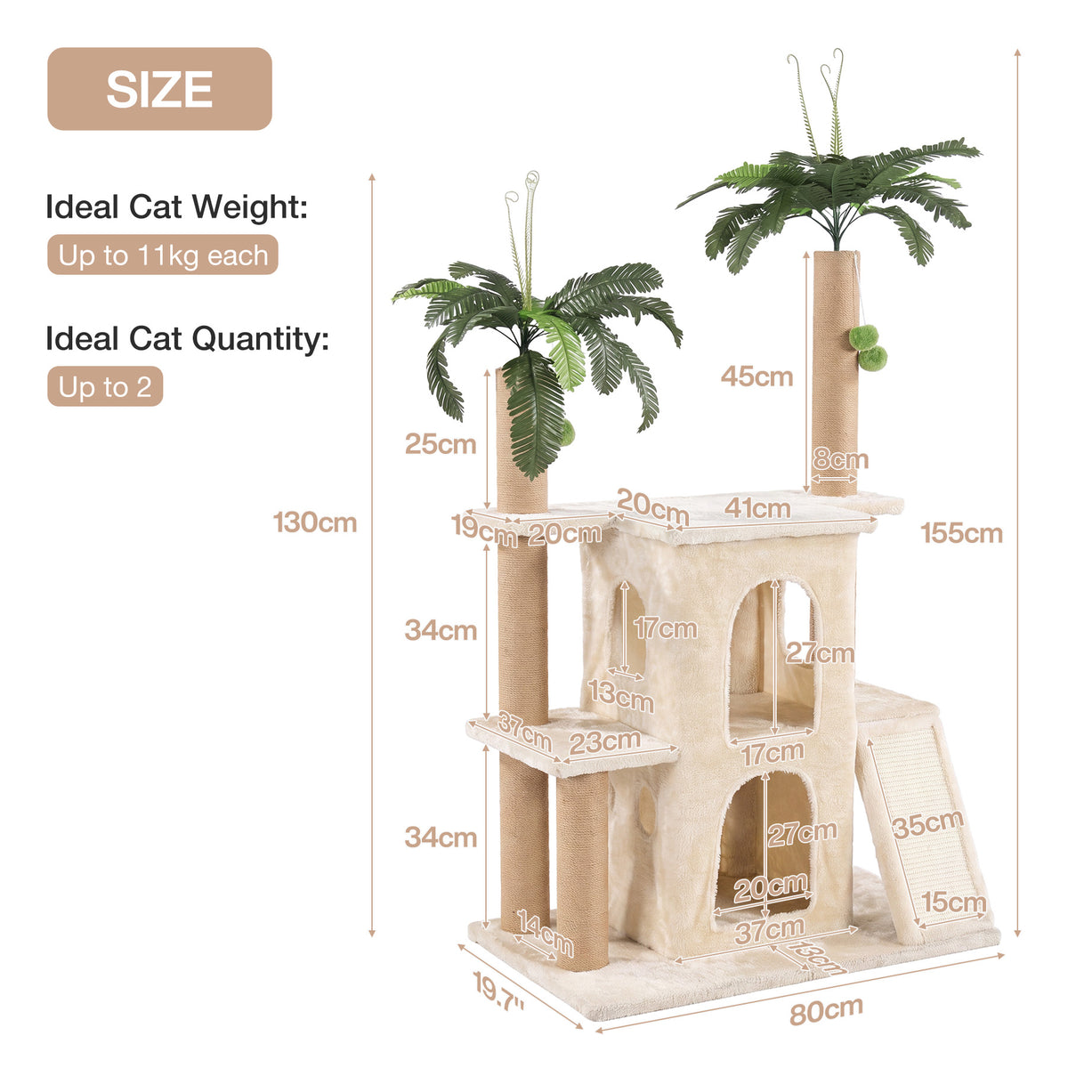 Tribesigns Kratzbaum 155 cm für 2 Katzen, großer Katzenbaum mit 7 Sisal-Kratzsäulen